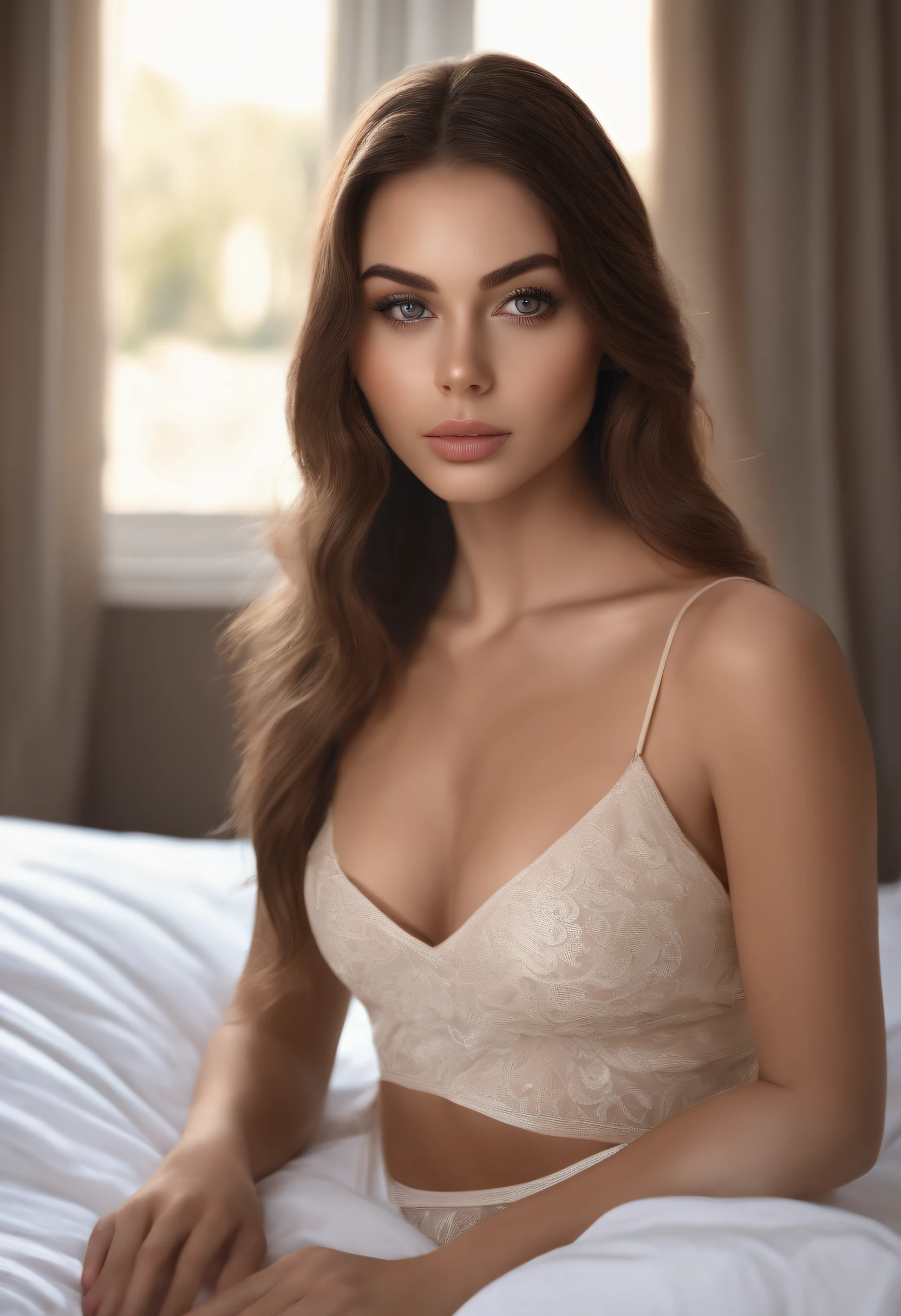 arafed woman fully , sexy girl with brown eyes, ultra realistic, meticulously detailed, portrait sophie mudd, brown hair and large eyes, selfie of a young woman, dubai eyes, violet myers, without makeup, natural makeup, looking directly at the camera, face with artgram, subtle makeup, stunning full body shot kneeling on bed, in bedroom, medium to large size bust