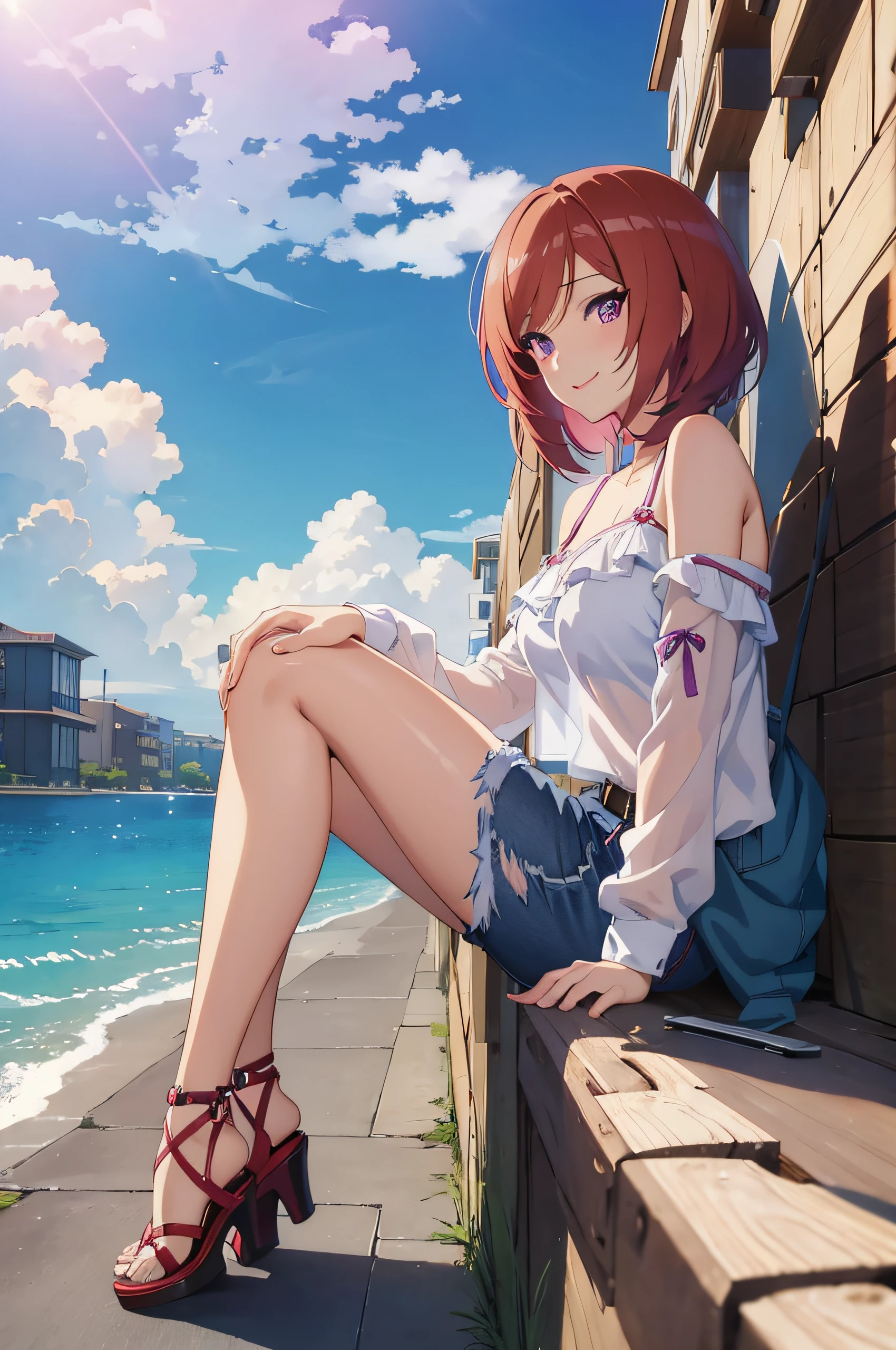 (masterpiece, best quality, detailed) ,1girl,nishikino maki,purple eyes ,(short hair:1.2), jeans walking down the street,cute anime girl, pretty anime girl, smooth anime cg art, beautiful anime girl, attractive anime girl, ecchi anime style, seductive anime girl.teasing smile, clean detailed anime art,high resolution, (perfect hands, perfect anatomy),