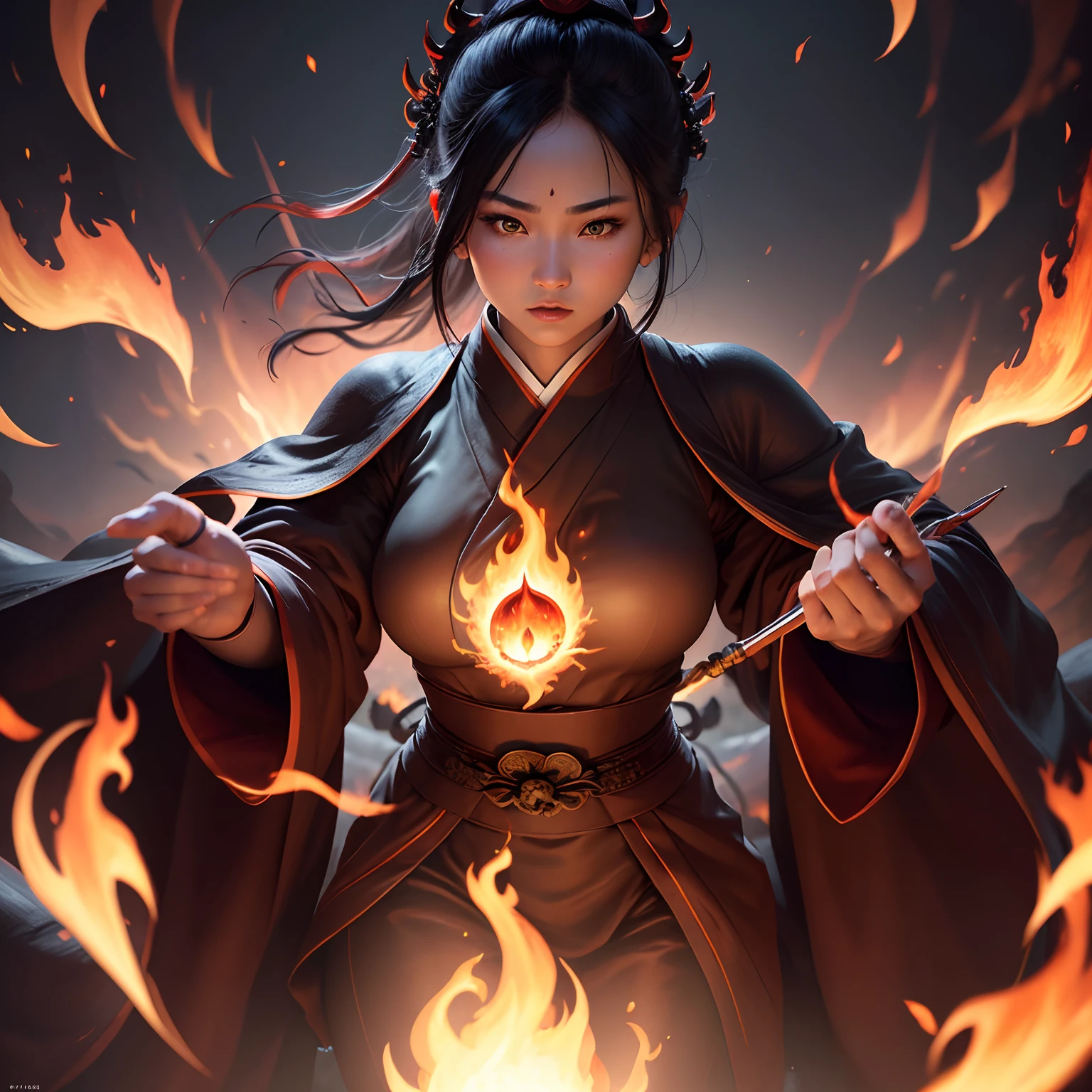 (Best Quality,Ultra-detailed,Realistic:1.37)、Japan Buddha monk attacks with flames with the help of King Fudo Myeong、An 18-year-old woman、1femele、独奏、(Sharp eyes:1.5)、Beautiful face of attractive Japan woman、Aggressive look、Black robes、skin head、(Shoot flames from her hand:1.5)、perfect hand、mandalas、Full body