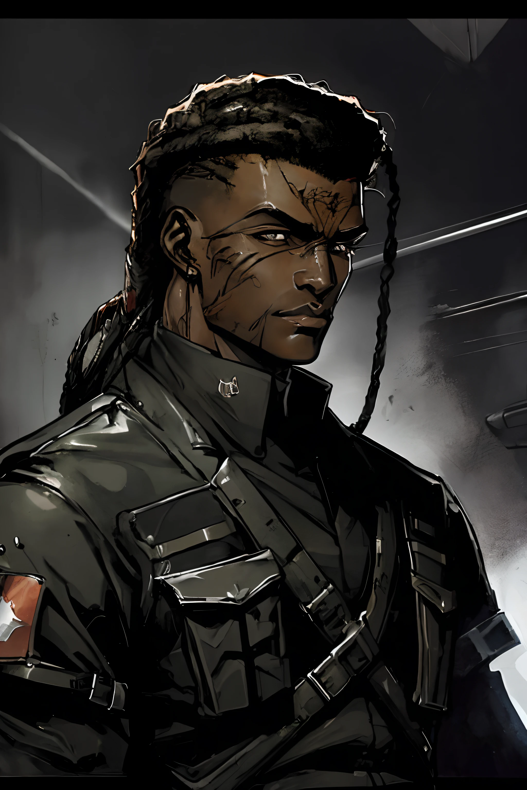 A badass black young man in long ragged futuristic military gear holding a gun, with a touch of blood and showcasing his skills as a soldier sci-fi. He also has short dreads. Best quality, (masterpiece), ( methurlant), (comic), y2k animation, intricate detail, smooth, (futuristic),