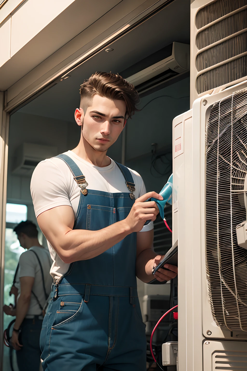 4 men in overalls, The air conditioner is being cleaned, The mark on the men's clothes is Clean4u