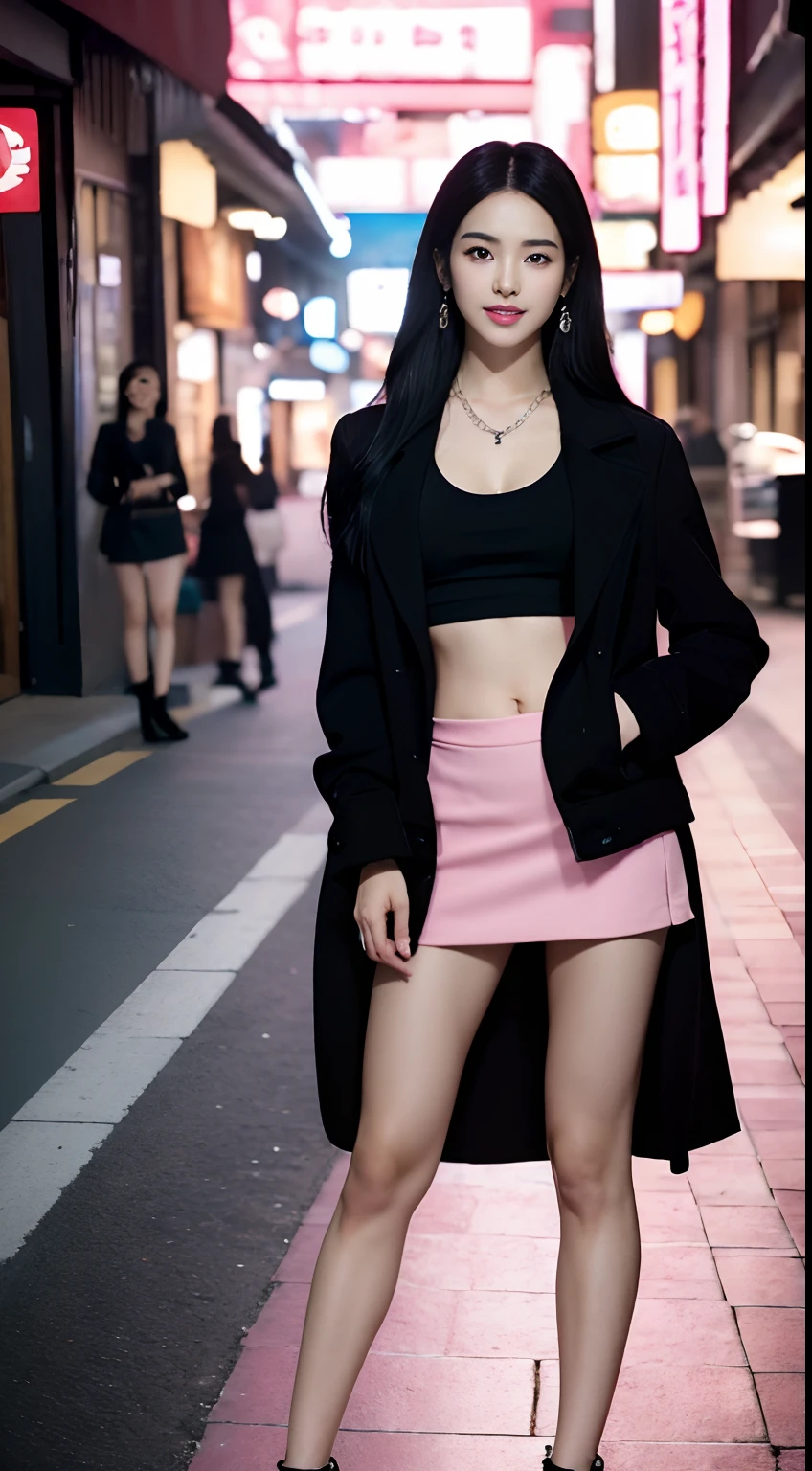 (masterpiece), a stunning photograph of korean girl model, full body, 8k, raw photo, looking at viewer, (highly detailed skin:1.2), small breasts, slim body, black hair, (photorealistic:1.4), pink top, black jacket, pink skirt, solo, jewelry, earrings, (looking at viewer), long hair, brown eyes, portrait, realistic, smile, makeup, streets