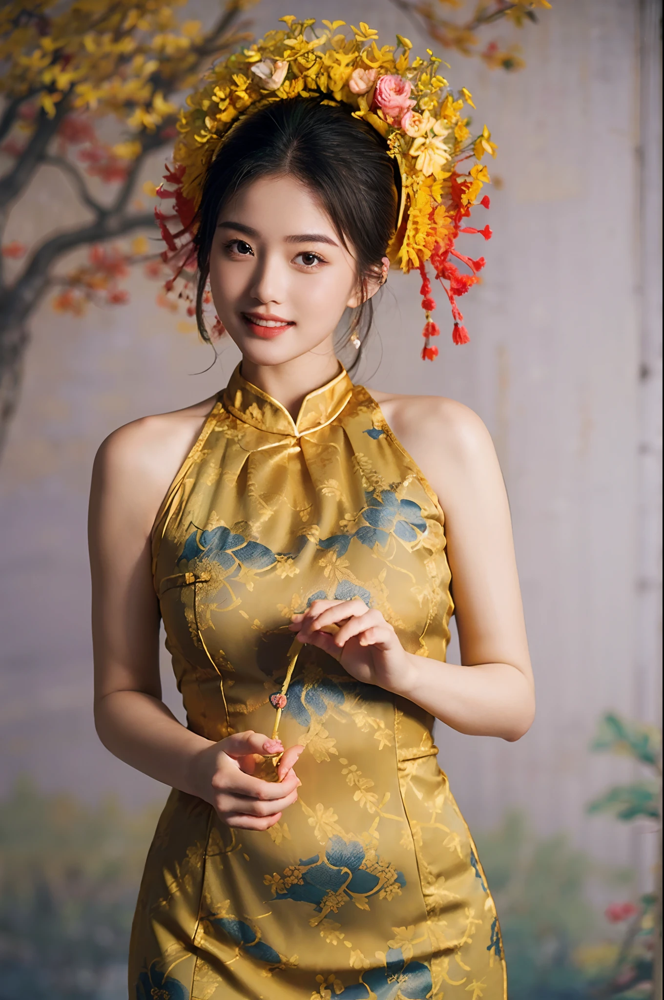 1 girl, smile, xunpu, chinese clothes, yellow dress, flower print, hair flower|blue, lake, floral , ((floral background))8k,,sexy,(realistic:1.1), (photorealistic:1.1), (masterpiece:1.1), (best quality:1.1), RAW photo, highres, ultra detailed, High detail RAW color phot