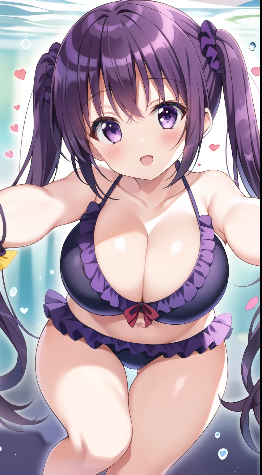 (masterpiece), (1girl), (tsumugiswim), (purple black hair), (Twin tails), (Purple eyes), (smile), (:o), (frills), (underwater), (thigh), (bikini), (large breast), (wrist scrunchie), (heart), (reaching out)