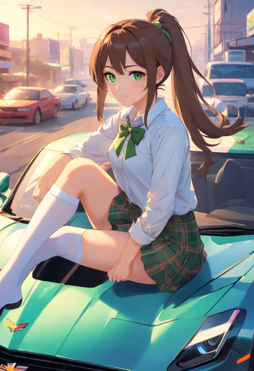 1girl, ponytail, white shirt, long hair, brown hair, green eyes, short plaid skirt, white thigh highs, blue bowtie, 4k, high definition, Chevrolet C5 Corvette, sitting on car, looking at viewer