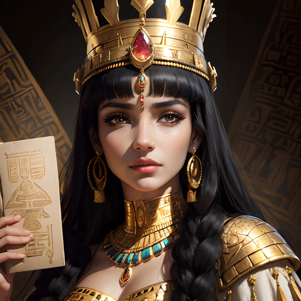 Cleopatra, detailed Egyptian queen holding papyrus scrolls, vibrant colors, exquisite jewelry, sparkling gems, luxurious golden crown, ancient hieroglyphics, realistic portrait, soft lighting, historical artwork, fine brushwork, textured background