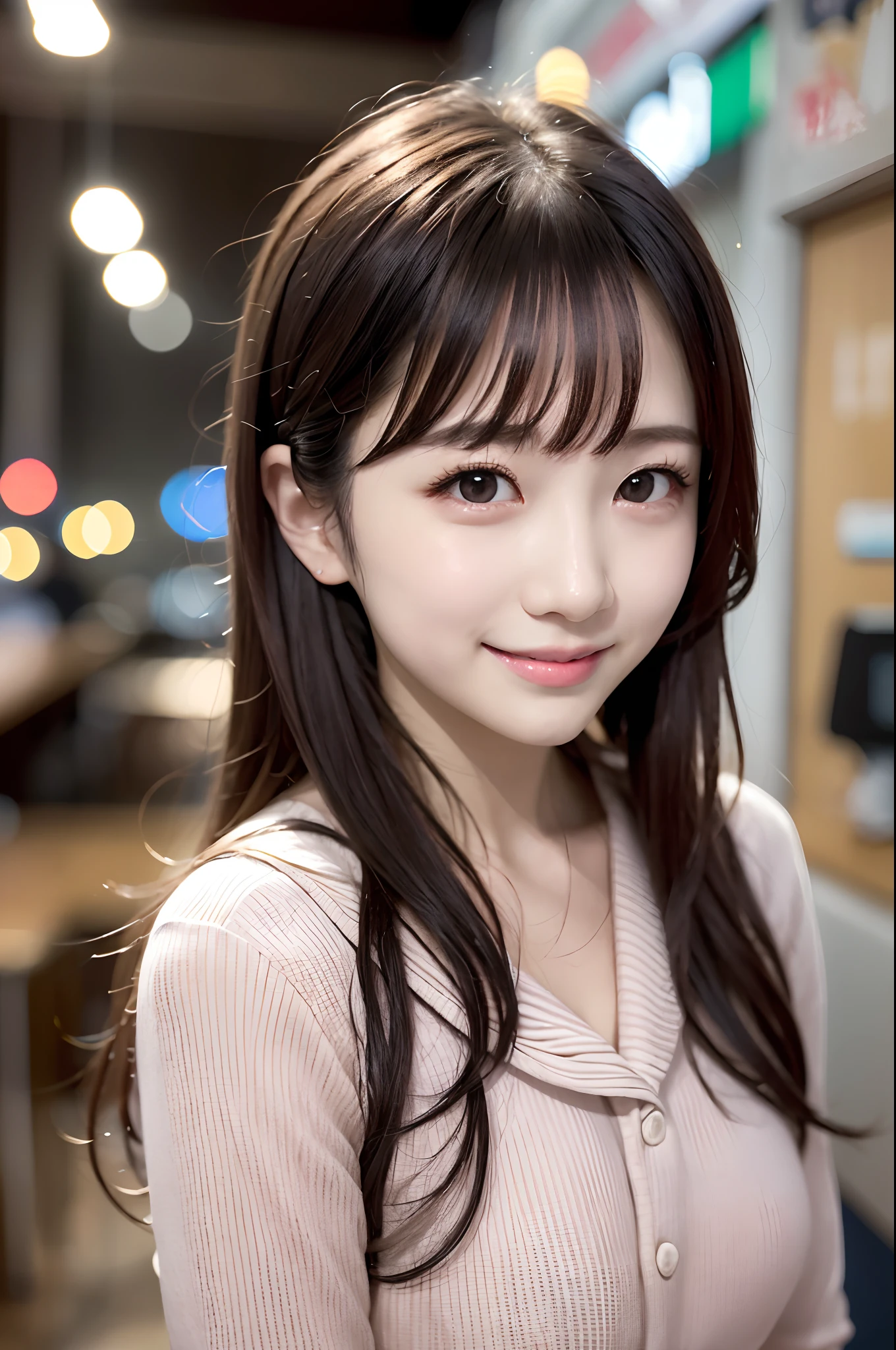 1 Japanese girl,(White sweater:1.4), (RAW Photos, highest quality), (Realistic, Photorealistic:1.4), Tabletop, Very delicate and beautiful, Very detailed, 8k wallpaper, wonderful, In detail, Very detailedなCG Unity, High resolution, Soft Light, Beautiful Details 19 years old, Very detailedな目と顔, Beautifully detailed nose, Beautiful fine details,Cinema Lighting,Perfect Anatomy,Slender body,smile  (Asymmetrical bangs,)