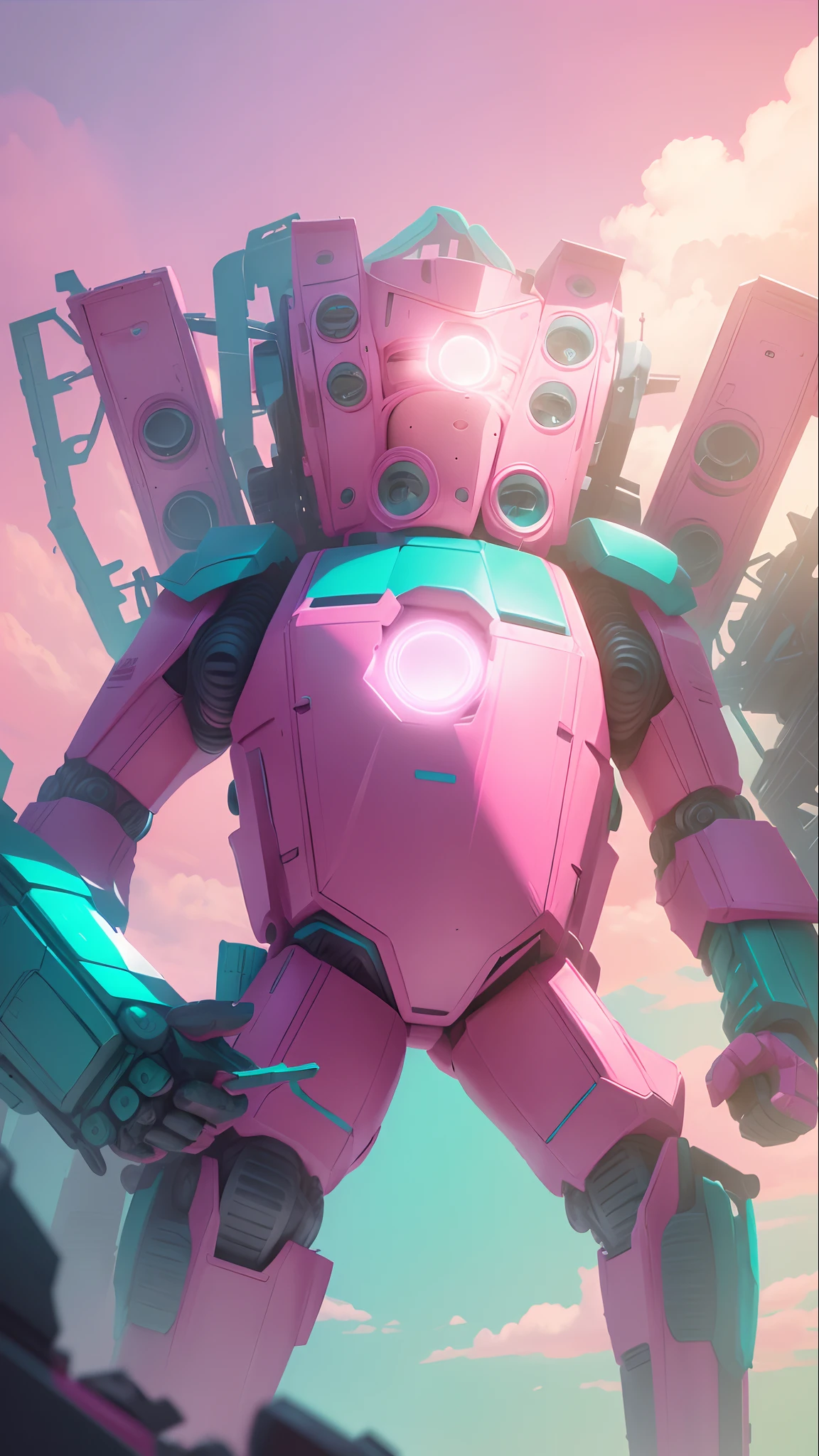 barbie Doll style: Ken. (A giant Man Robot Charracter), (Pink and cyan Background), outdoor.