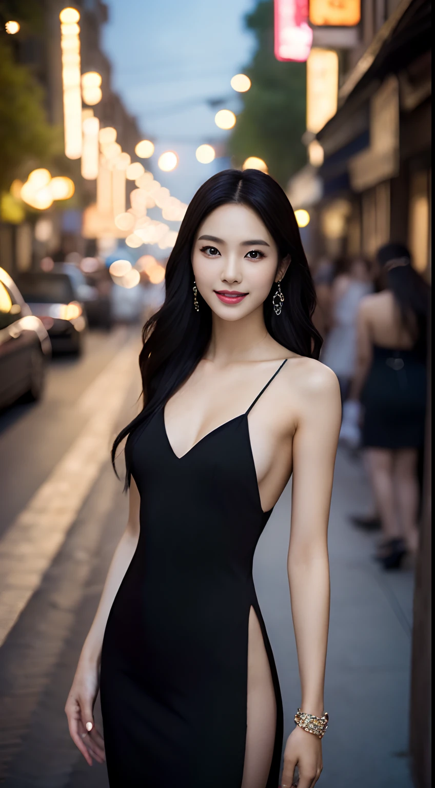 (masterpiece), a stunning photograph of korean girl model, full body, 8k, raw photo, looking at viewer, (highly detailed skin:1.2), small breasts, slim body, black hair, (photorealistic:1.4), long dress, solo, jewelry, earrings, (looking at viewer), long hair, brown eyes, portrait, realistic, smile, makeup, streets