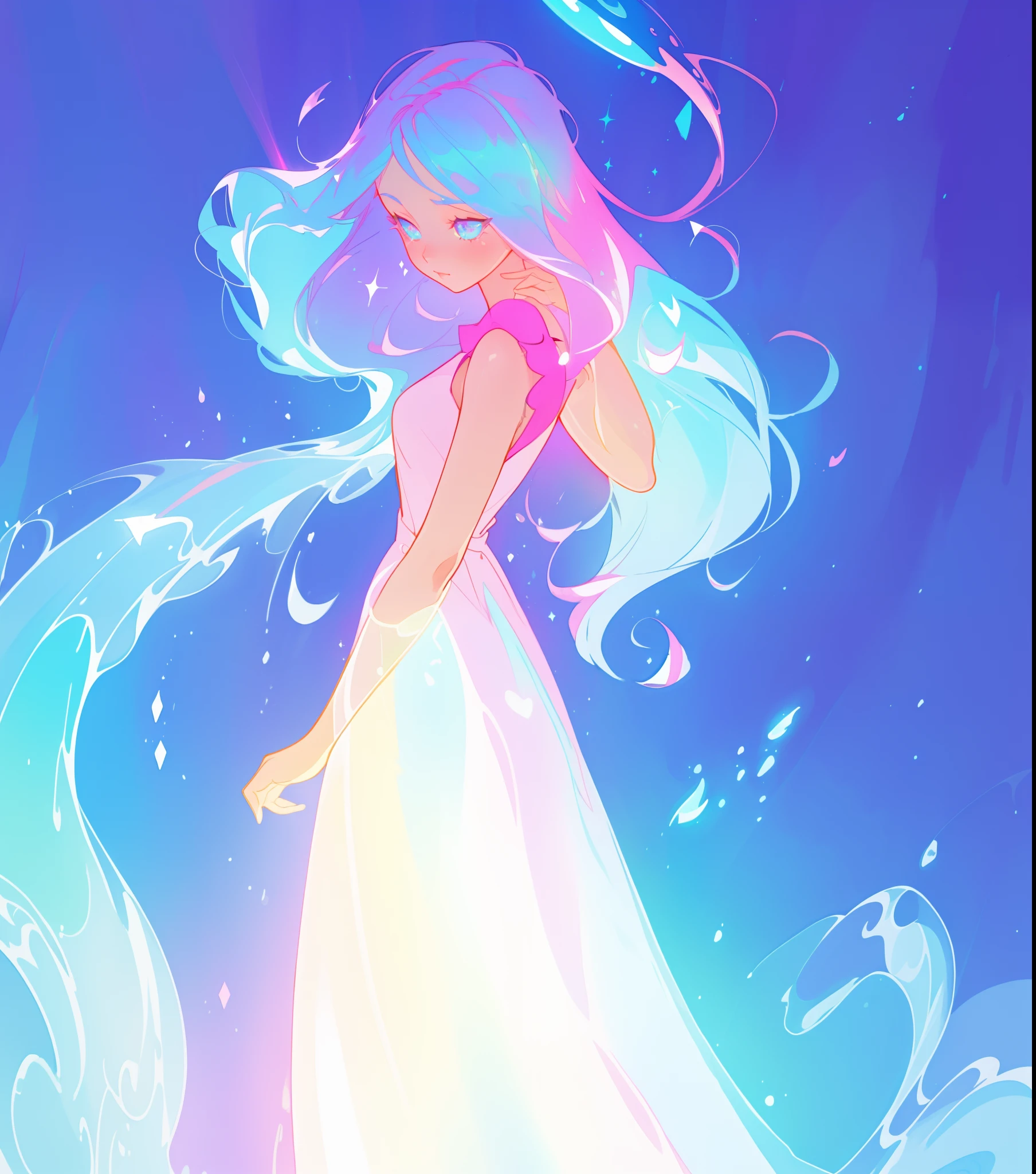 beautiful anime girl in colorful liquid dress, vibrant pastel colors, (colorful), magical lights, sparkling lines of light, inspired by Glen Keane, inspired by Lois van Baarle, disney art style, by Lois van Baarle, glowing aura around her, by Glen Keane, jen bartel, glowing lights! digital painting, flowing glowing hair, glowing flowing hair, beautiful digital illustration, fantasia background, whimsical, magical, fantasy, beautiful face, ((masterpiece, best quality)), intricate details, highly detailed, sharp focus, 8k resolution, sparkling detailed eyes, liquid watercolor