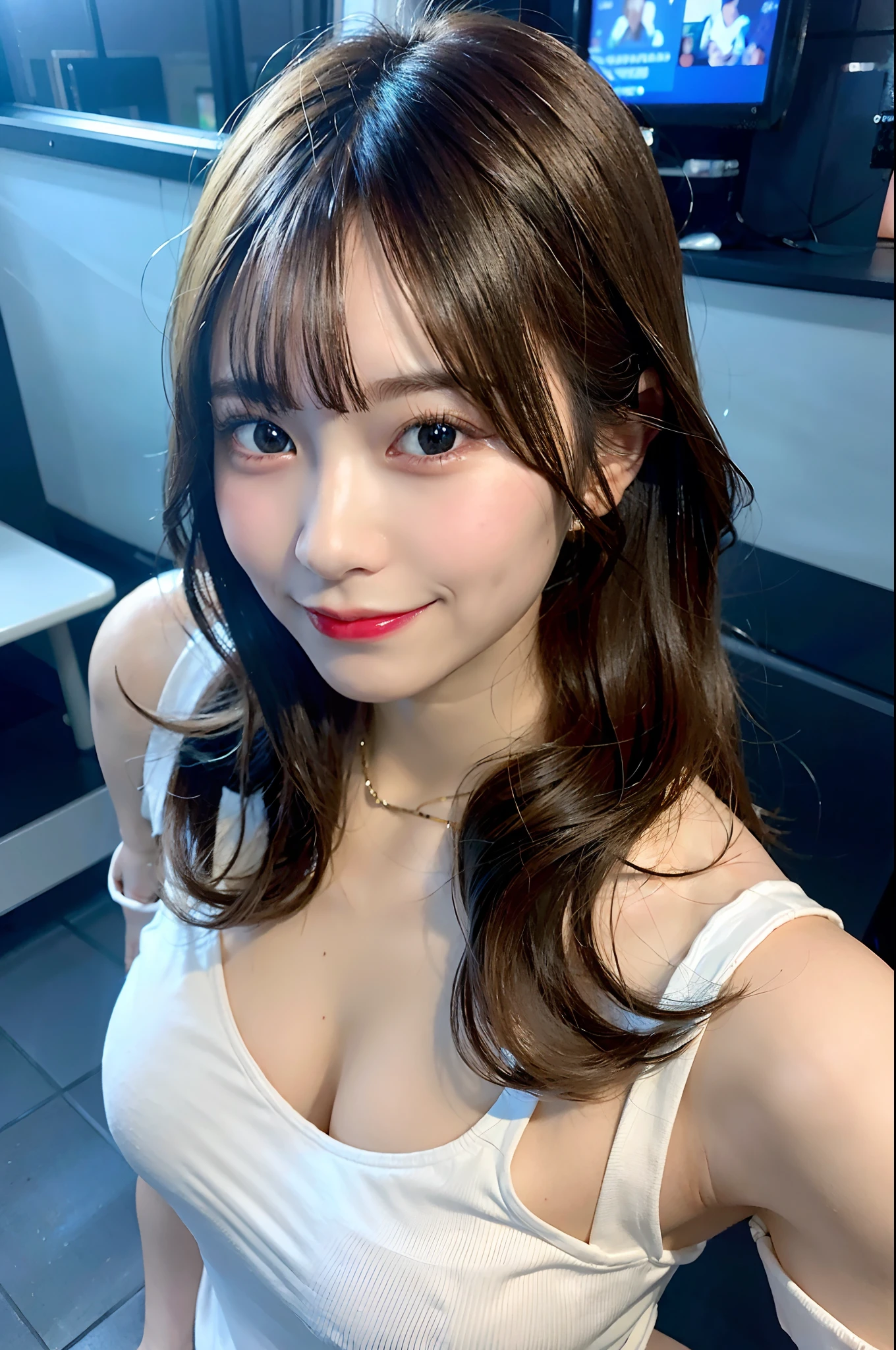 (top-quality、8K、32K、masuter piece、nffsw:1.2)、profile、(slim figure:1.2)、(s lips) 、、a blond、a black T-shirt、Colossal tits、二重まぶた、shinny skin、Realistic rays、mare、beauitful face、(A smile:1.3)、crouching down、(From above:1.2)、(a closeup:1.4)、blurry backround、(Front Focus)、(Dark: 1.6)、Fantasy Art、photoRealstic、Professional Lighting、extra detailed face、Award-winning、deep-shadows、