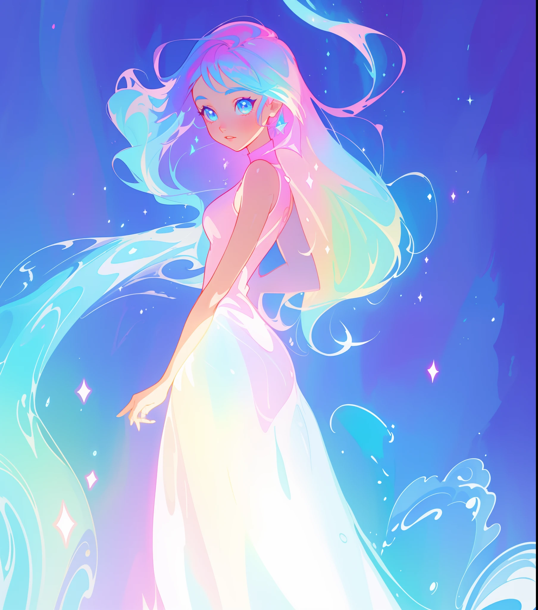 beautiful anime girl in colorful liquid dress, vibrant pastel colors, (colorful), magical lights, sparkling lines of light, inspired by Glen Keane, inspired by Lois van Baarle, disney art style, by Lois van Baarle, glowing aura around her, by Glen Keane, jen bartel, glowing lights! digital painting, flowing glowing hair, glowing flowing hair, beautiful digital illustration, fantasia background, whimsical, magical, fantasy, beautiful face, ((masterpiece, best quality)), intricate details, highly detailed, sharp focus, 8k resolution, sparkling detailed eyes, liquid watercolor