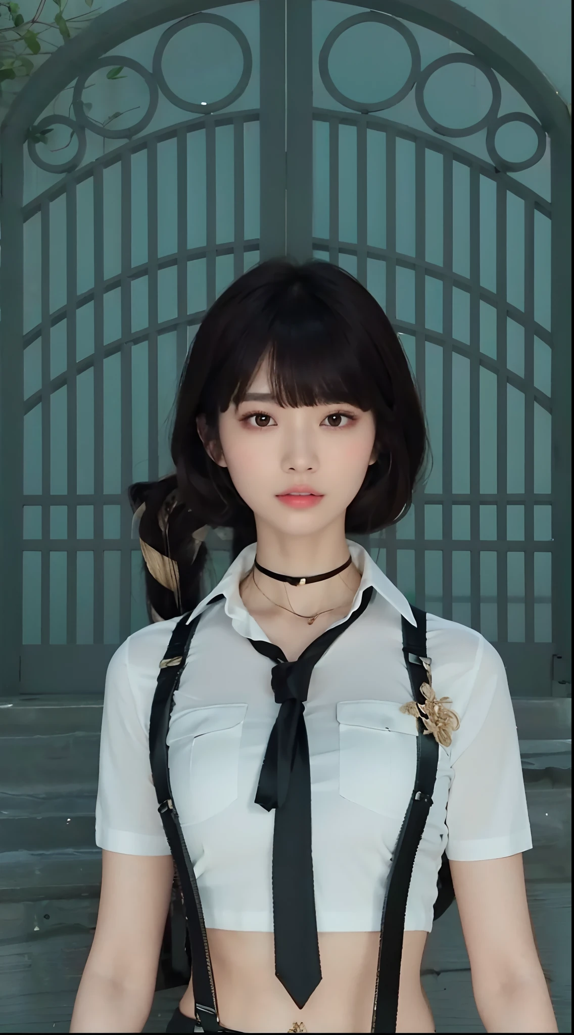 (Best Quality, masutepiece, Ultra HD: 1.3), 1womanl, （middlebreasts）, light brown hair, Blunt bangs, hair behind ear, hair over shoulder, （Long hair）,（ slender body shape）, （Ultra Fine Face）, Delicate lips,（beautidful eyes）, thin blush, eyes are brown, （perfect glossy skin, flawless skin, Glistening sweat:1.3）,鎖骨, hairarmpits,View here, hide one's hands, White tops, White tight skirt, （thighs thighs thighs thighs）,  （shame:1.5），bustshot,Broad-leaved forest