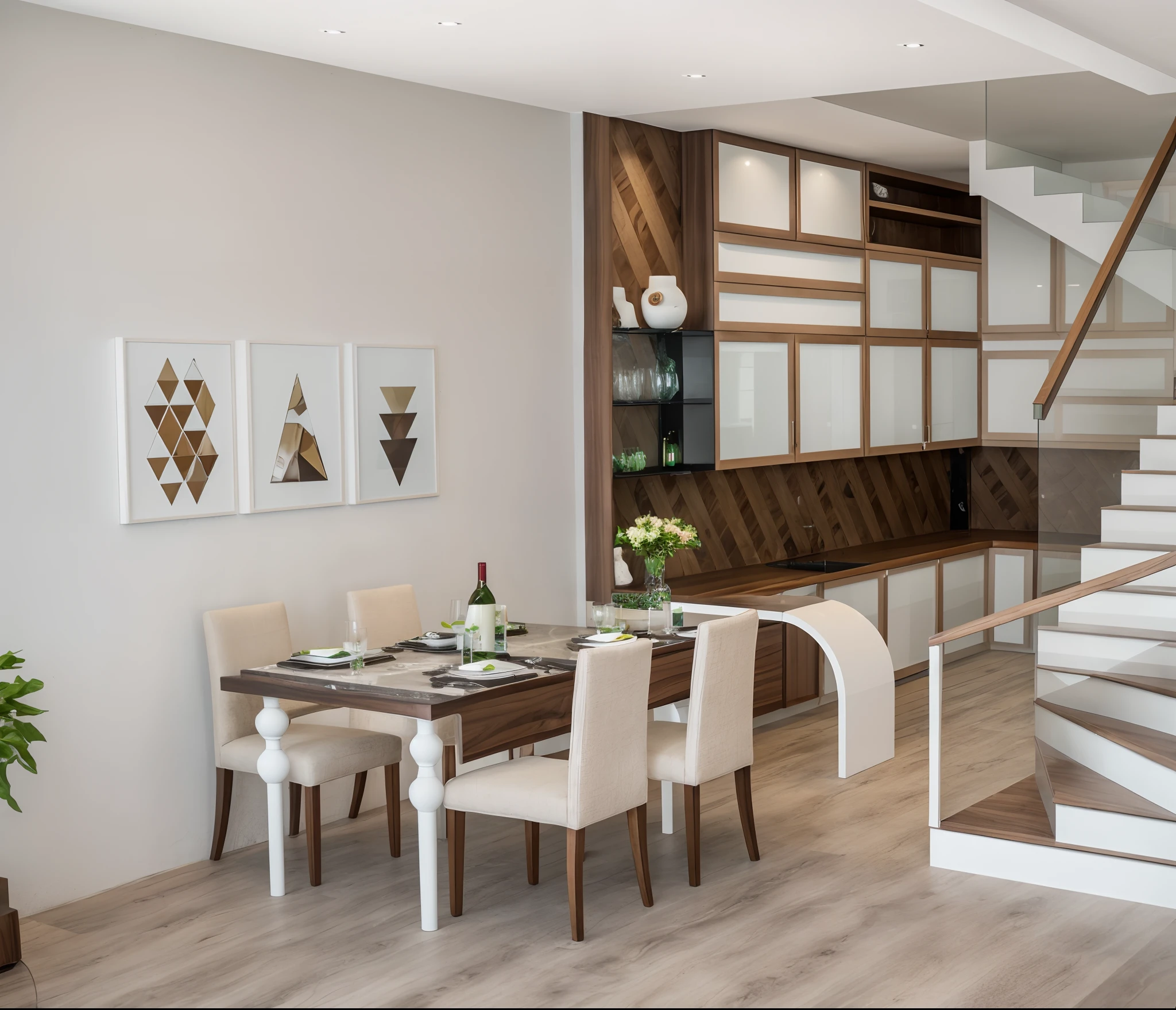 photo take in the night, a realistic image of a modern dining room with a staircase and a dinner table, kitchen walnut low cabinet, wallnut wall cabinet with glass door leaf, mable top counter, highly detailed interior, marble stair, glass rail, wood handrail, (walnut mix with glossy white material),