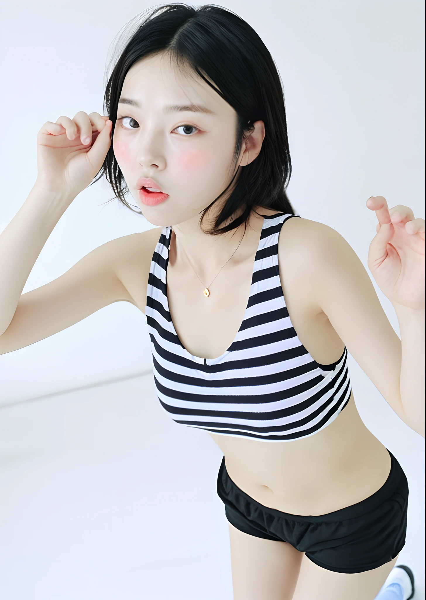 dal, (photorealistic:1.5), (extremely intricate:1.2), (8k:1.27), (ultra highres:1.2), film grain, face, (close up:1.3), 1girl, 1girl, , Tie-dye sports bra, black high-waisted biker shorts, white chunky sneakers, layered gold necklaces, black sunglasses, black hair scarf,, , Ballet theater,, [nervous expression, tense, jumpy, uneasy:0.7], (dynamic pose:1.3), high contrast, sneezing, tortilla theme,