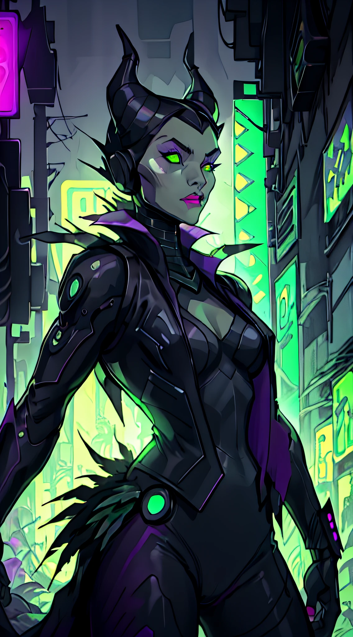 (MaleficentWaifu:1), solo, cyberpunk, dystopian, glowing neon lights, sfw, city at night, dynamic angle, black leather vest, (green and purple hues), (black feathers)