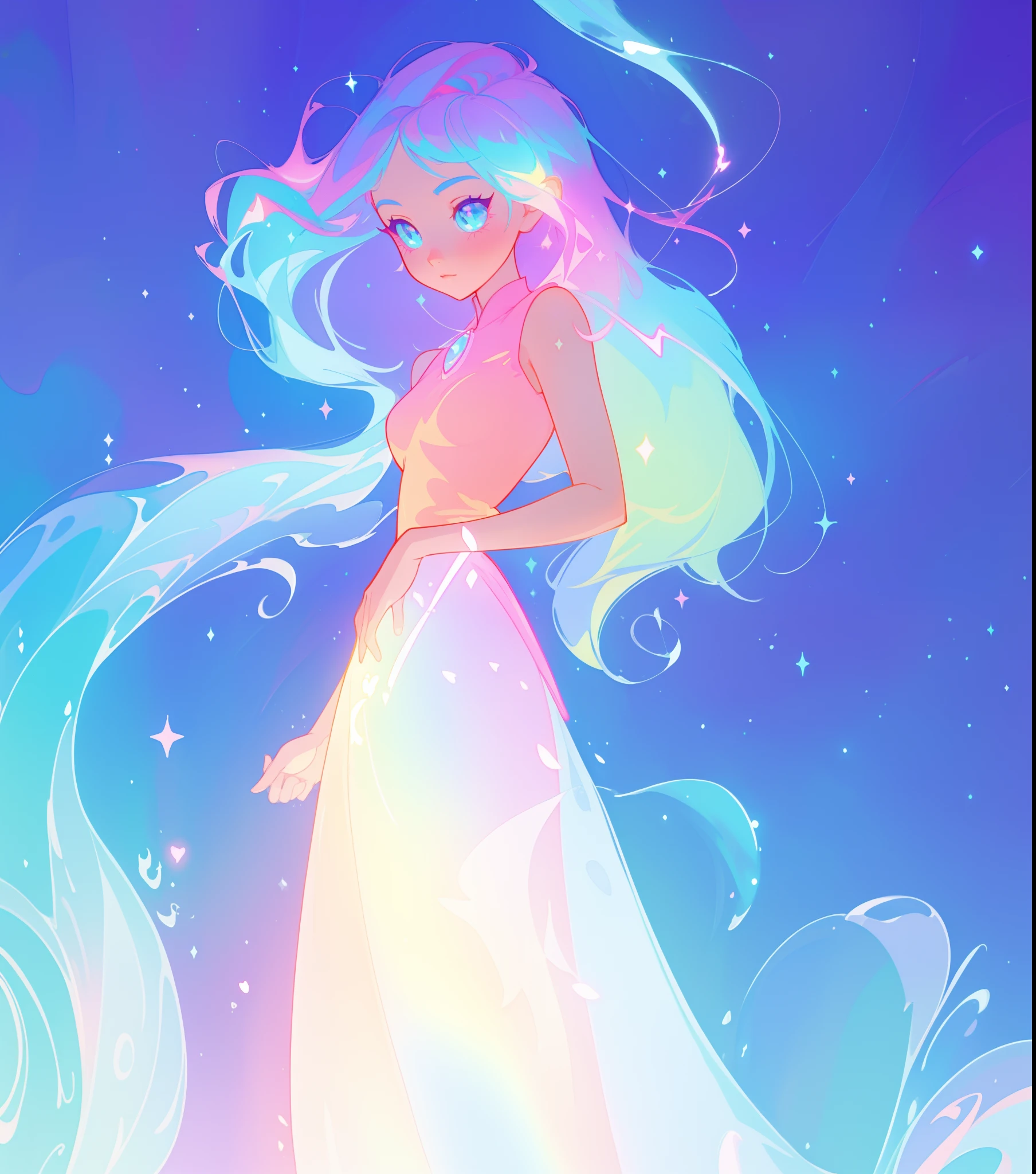 beautiful anime girl in colorful liquid dress, vibrant pastel colors, (colorful), magical lights, sparkling lines of light, inspired by Glen Keane, inspired by Lois van Baarle, disney art style, by Lois van Baarle, glowing aura around her, by Glen Keane, jen bartel, glowing lights! digital painting, flowing glowing hair, glowing flowing hair, beautiful digital illustration, fantasia background, whimsical, magical, fantasy, beautiful face, ((masterpiece, best quality)), intricate details, highly detailed, sharp focus, 8k resolution, sparkling detailed eyes, liquid watercolor