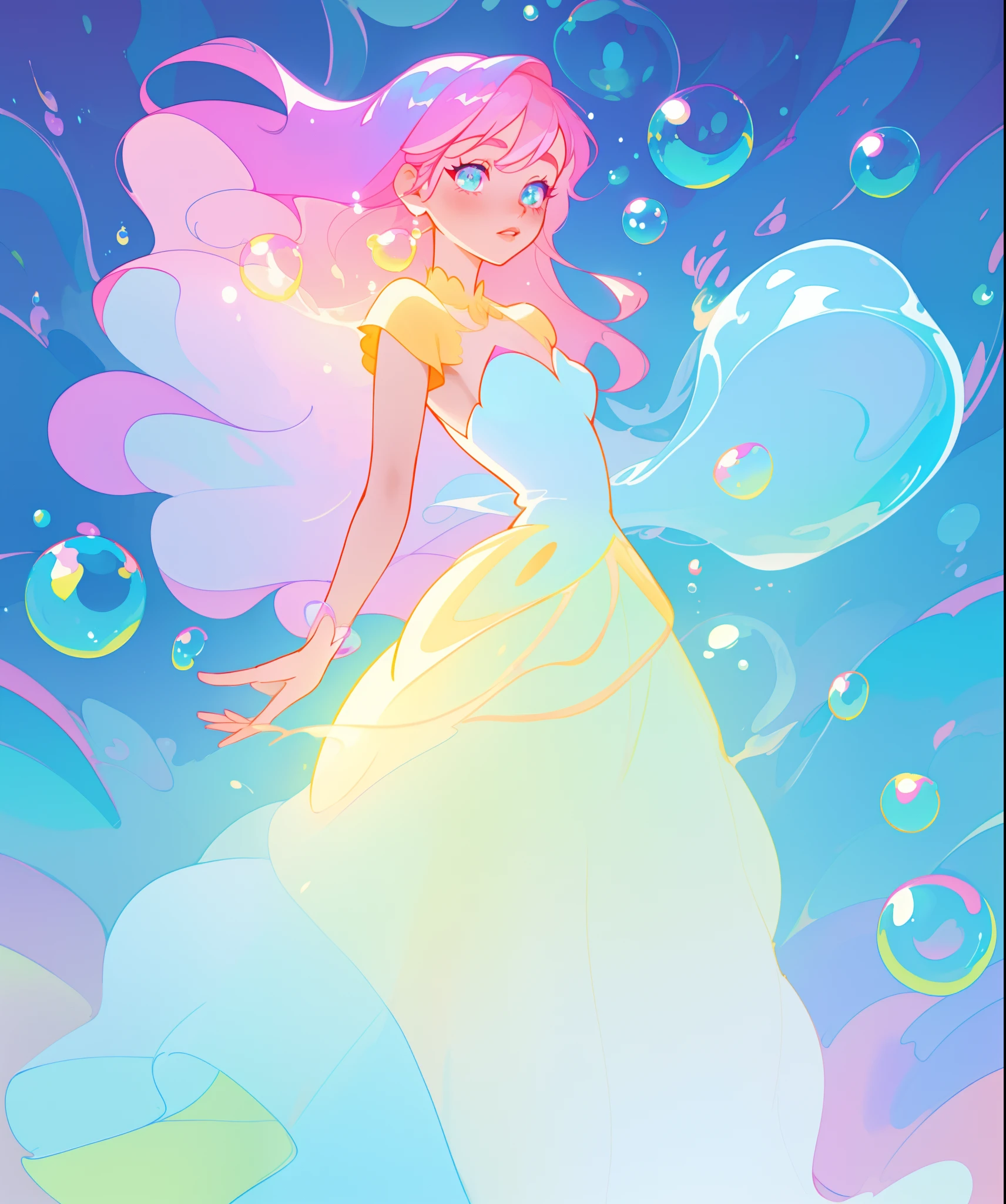 beautiful anime girl in colorful liquid dress, vibrant pastel colors, flowing long pink peach hair, intricately detailed white multi-layered ballgown, (colorful), magical lights, sparkling lines of light, inspired by Glen Keane, inspired by Lois van Baarle, disney art style, by Lois van Baarle, glowing aura around her, by Glen Keane, jen bartel, glowing lights! digital painting, flowing glowing hair, glowing flowing hair, beautiful digital illustration, fantasia background, whimsical, magical, fantasy, beautiful face, ((masterpiece, best quality)), intricate details, highly detailed, sharp focus, 8k resolution, sparkling detailed eyes, liquid watercolor, (((bubbles)))
