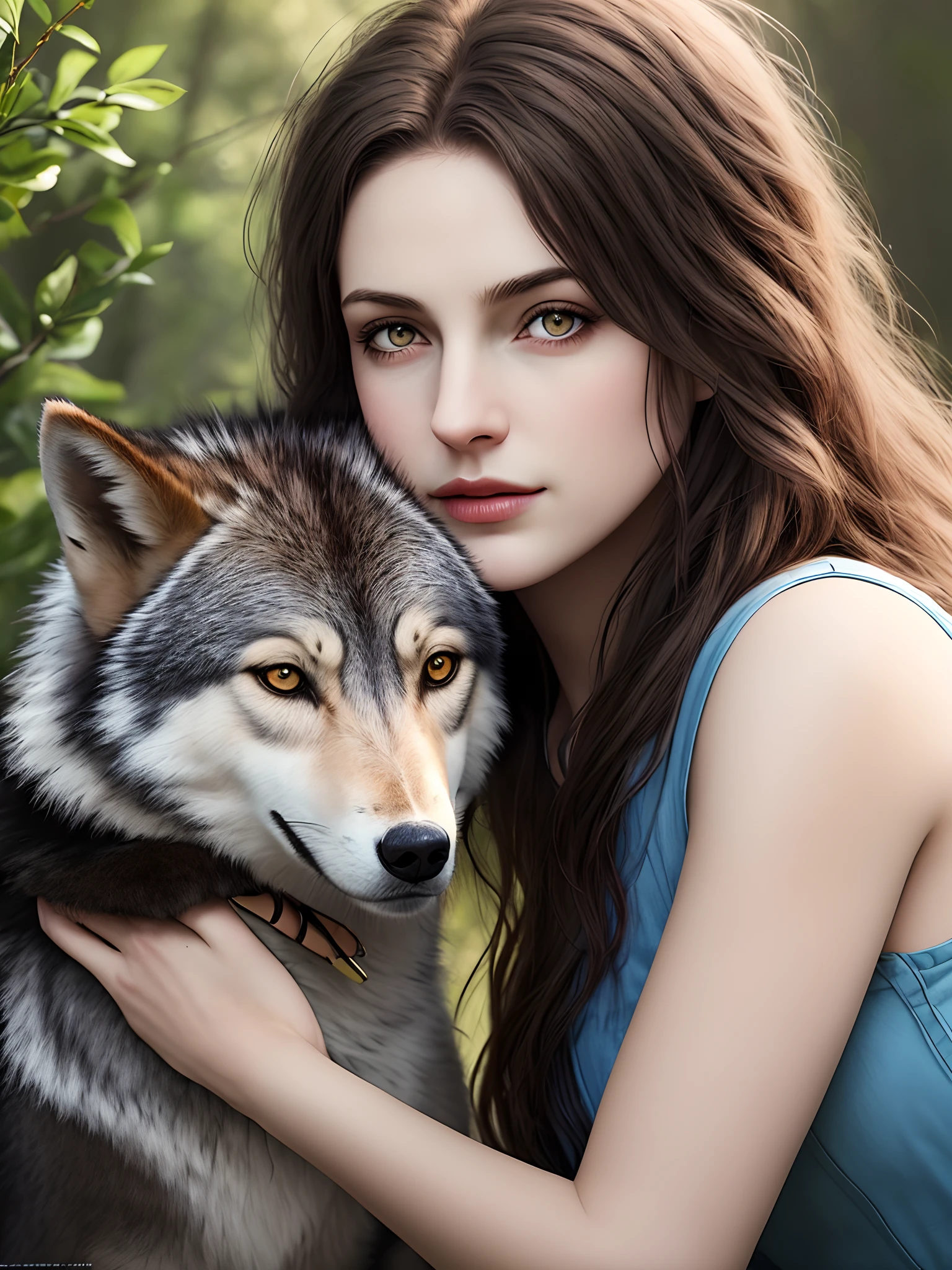 (Beautiful druid girl:1.3) hugging a wolf (extremely detailed CG unity 8k wallpaper,masterpiece, best quality, ultra-detailed, beautiful detailed eyes:1.2),best illumination, (best shadow, an extremely delicate and beautiful, bloom), masterpiece, best quality:1.1, realistic:1.3, cinematic lighting:1.2, in the dark cavern:1.5, ultra photoreal, photorealistic:1.0, sharp focus: