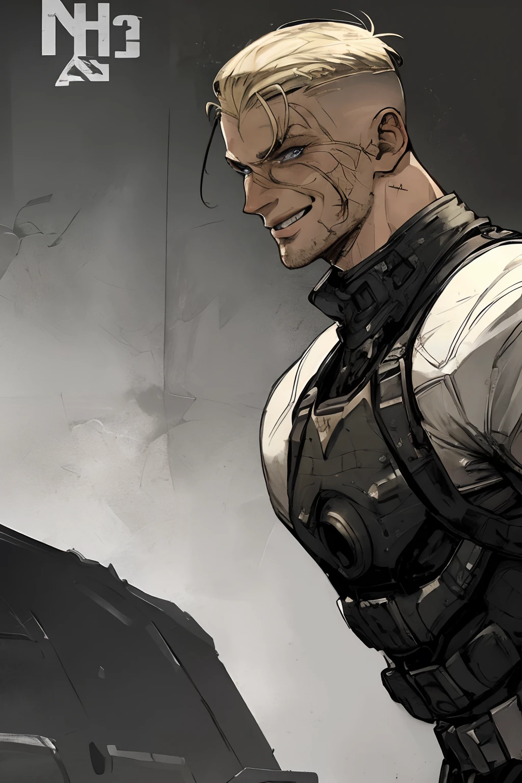 A badass rugged white young man in long ragged futuristic military gear, with a touch of blood and showcasing his skills as a soldier sci-fi. He also has buzzcut blonde hair, blue eyes and blonde eyebrows, smiling, laughing, smirking, trigger happy, muscular, masculine, (1male), best quality, (masterpiece), (methurlant), (comic), y2k animation, intricate detail, smooth, (futuristic),