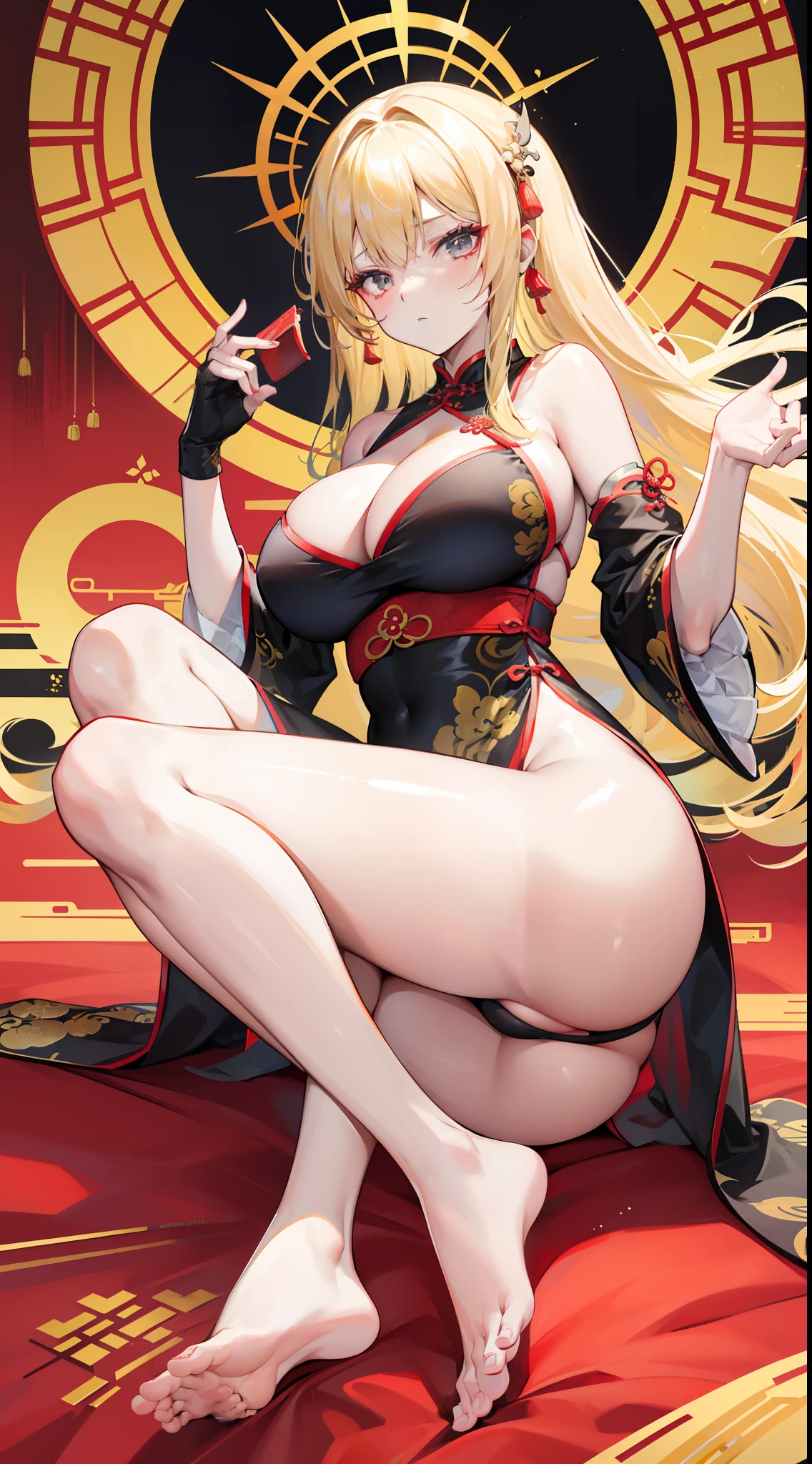 The blonde,on cheongsam,(Black cheongsam),(Chinese tradition),During the Republic of China,huge tit,High-forked cheongsam,expose arms,Exposing thighs,(cleavage),Full body photo,(Cocked buttocks),(Hypertrophic buttocks)