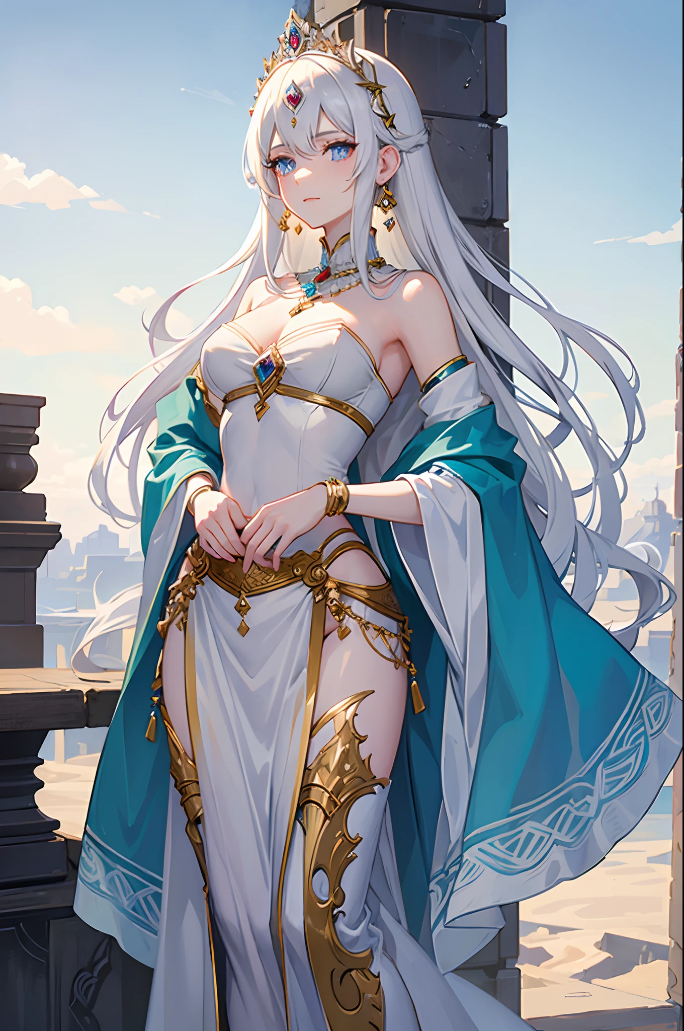 masterpiece, highlydetailed, ultra-detailed, solo, (1girl), (pale skin), icyblue eyes, frosty white hair, cool Chara, flat face, young lady, lady chara, medium boobs, cold face, goddess, kuudere girl, (Arabian background), (desert), (calm expression), (Arabian clothes), (smile:0.8), (harem pants), (tube top), (shawl), (headpiece), (jewelry), (princess), (elegant), (beautiful), (half body)