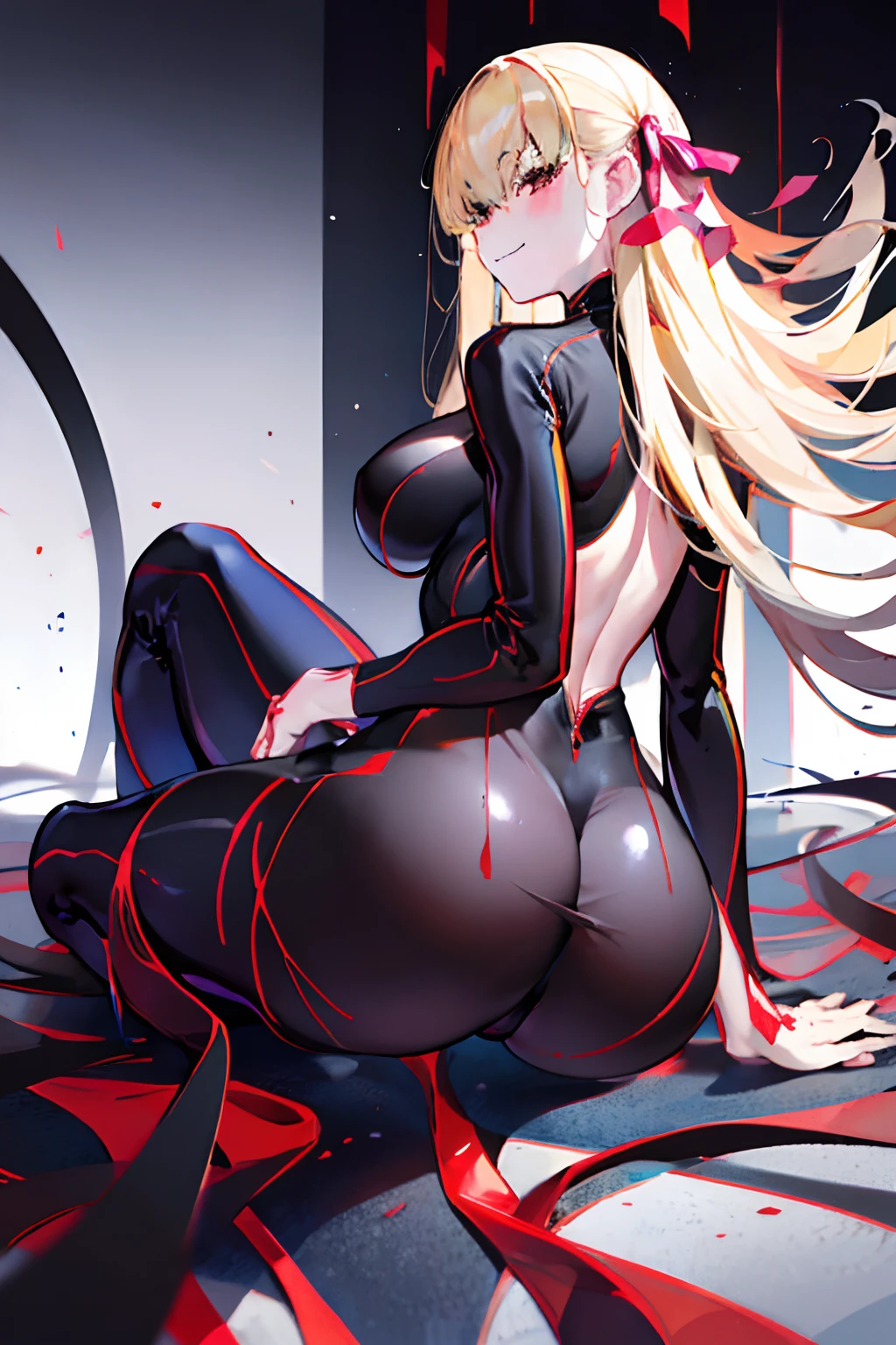 a blond　Black full body suit　Red lines all over the body　huge tit　Big ass　Whip thighs　seductiv　a smile　succubus　Sit up　Rear view