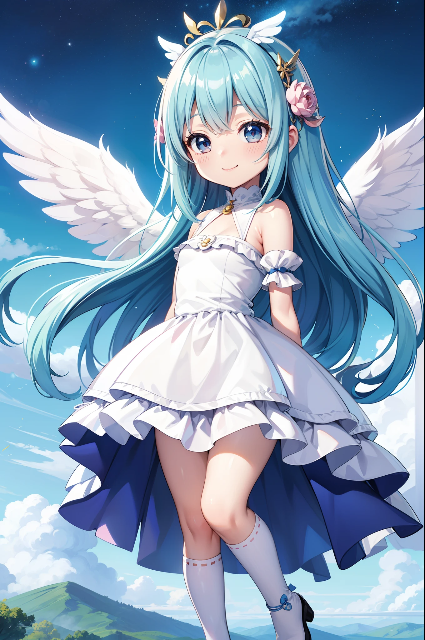 angelicales　Chibichara　Facing the front、Facing us with an adorable smile、large white wings on the back、long hair with blue hair((Chibi Chara))、Fluffy、girl with、Chibi Chara、full body Esbian、angel costume、Pastel colors hair、masutepiece、top-quality、Vast landscape in the background(a picture)