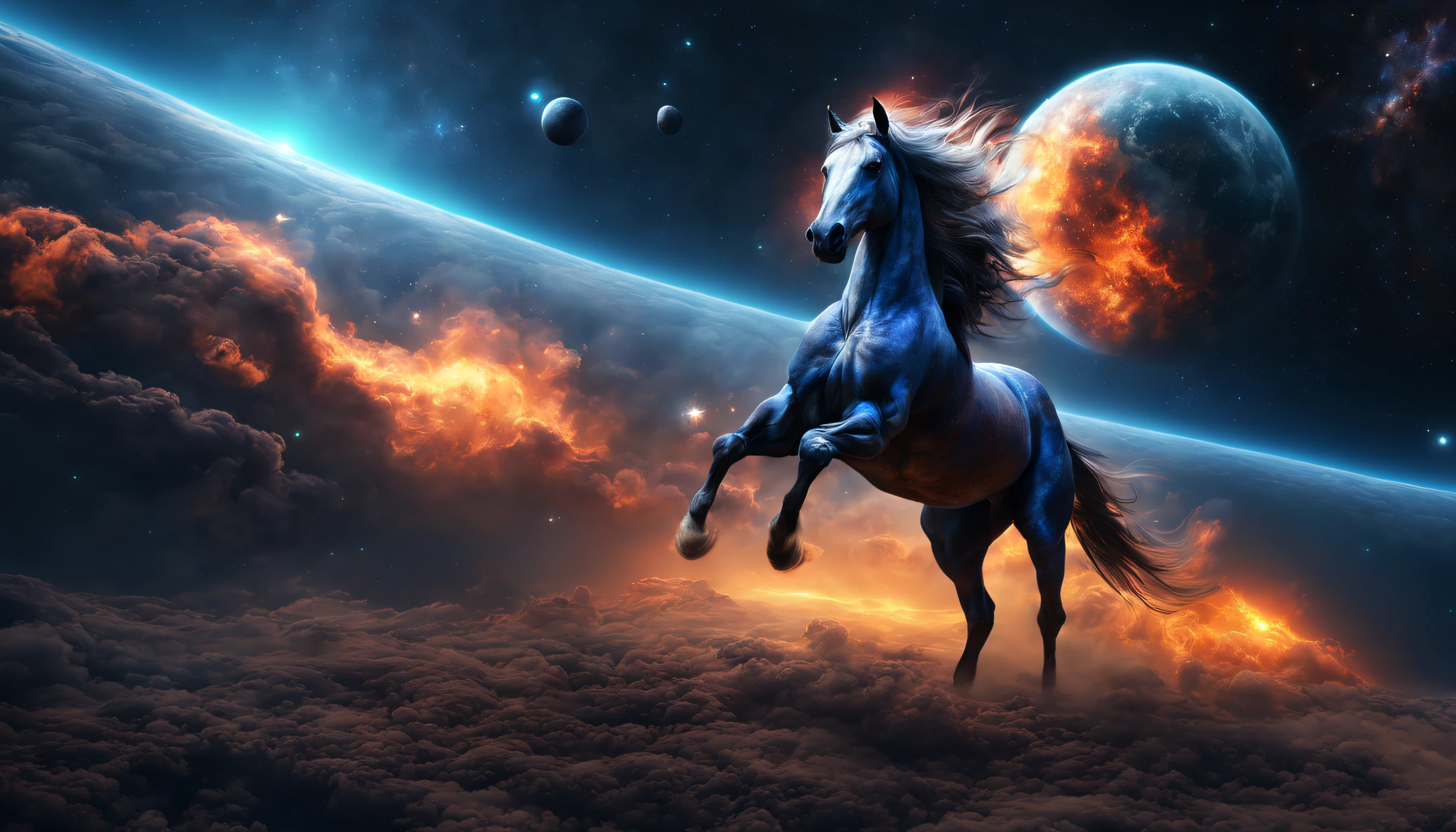 1. Space, Nebula, Blue, Horse, Algorithm, Fire, Extraterrestrial, Cell, Rocket, Stars. Photo realistic. hyper realistic photography, HDR, UHD 32k. --AR 16:9