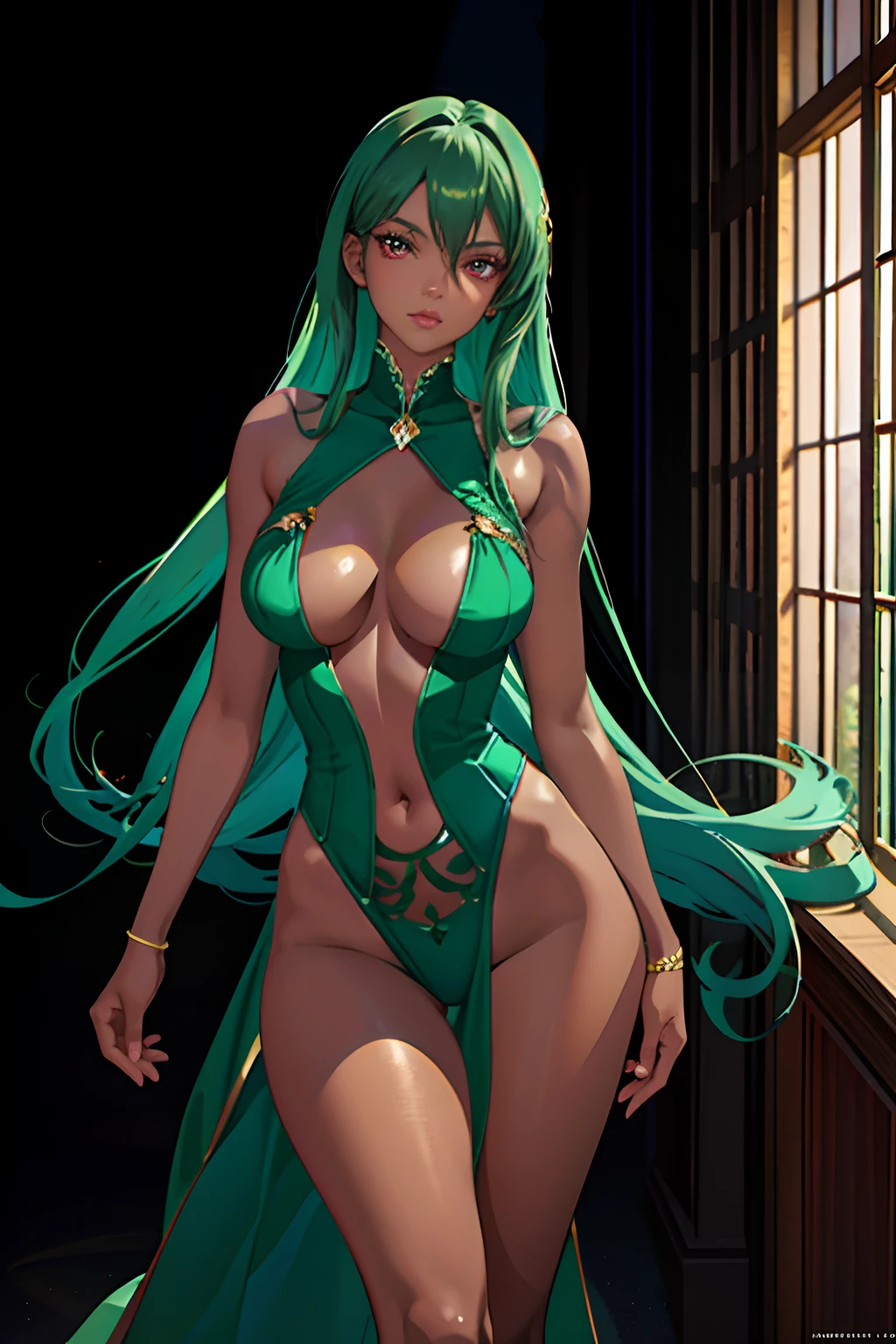 Emerald green haired dark skinned woman with red eyes in lingerie posing in dark room with black background, seductive anime girl, beautiful alluring anime woman, realistic shaded perfect body, intricate body, 8k high quality detailed art, photorealistic anime girl render, detailed digital anime art, anime highly detailed, [ 4 k digital art ]!!, wlop glossy skin, fanart best artstation, highly detailed character