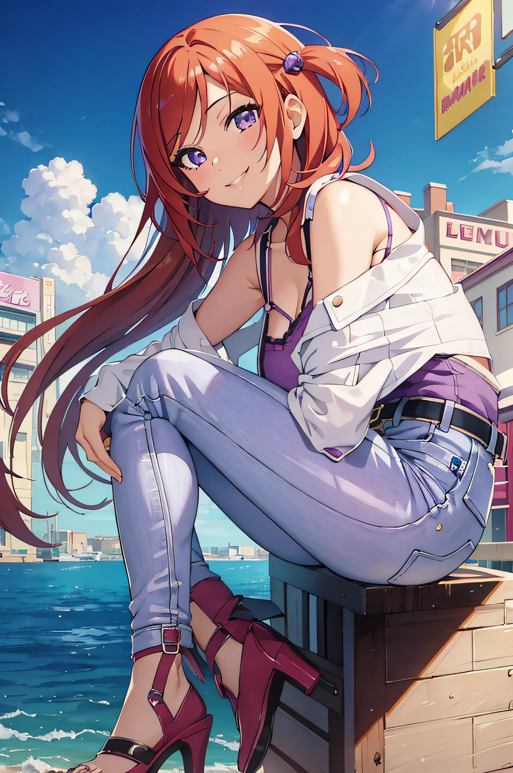 (masterpiece, best quality, detailed) ,1girl,nishikino maki,purple eyes ,(short hair:1.2), jeans walking down the street,cute anime girl, pretty anime girl, smooth anime cg art, beautiful anime girl, attractive anime girl, ecchi anime style, seductive anime girl.teasing smile, clean detailed anime art,high resolution, (perfect hands, perfect anatomy),