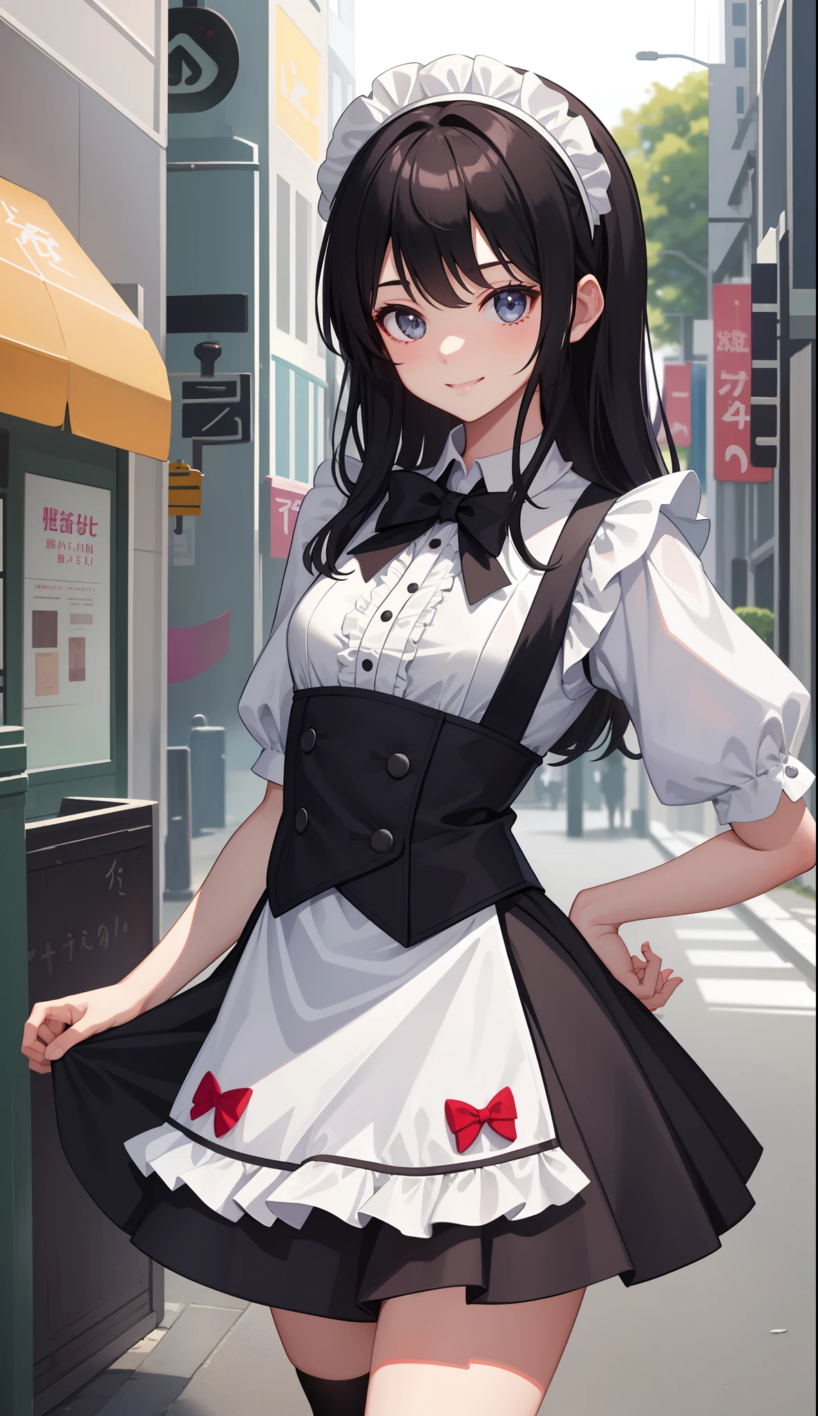 1girl in、AS-Adult、A smile、The shirt、Mini skirt、pantiy、(small tits)、doress、pinafore、Hair decoration、(Maid costume)、Walking with a thigh、Upper body portrait、