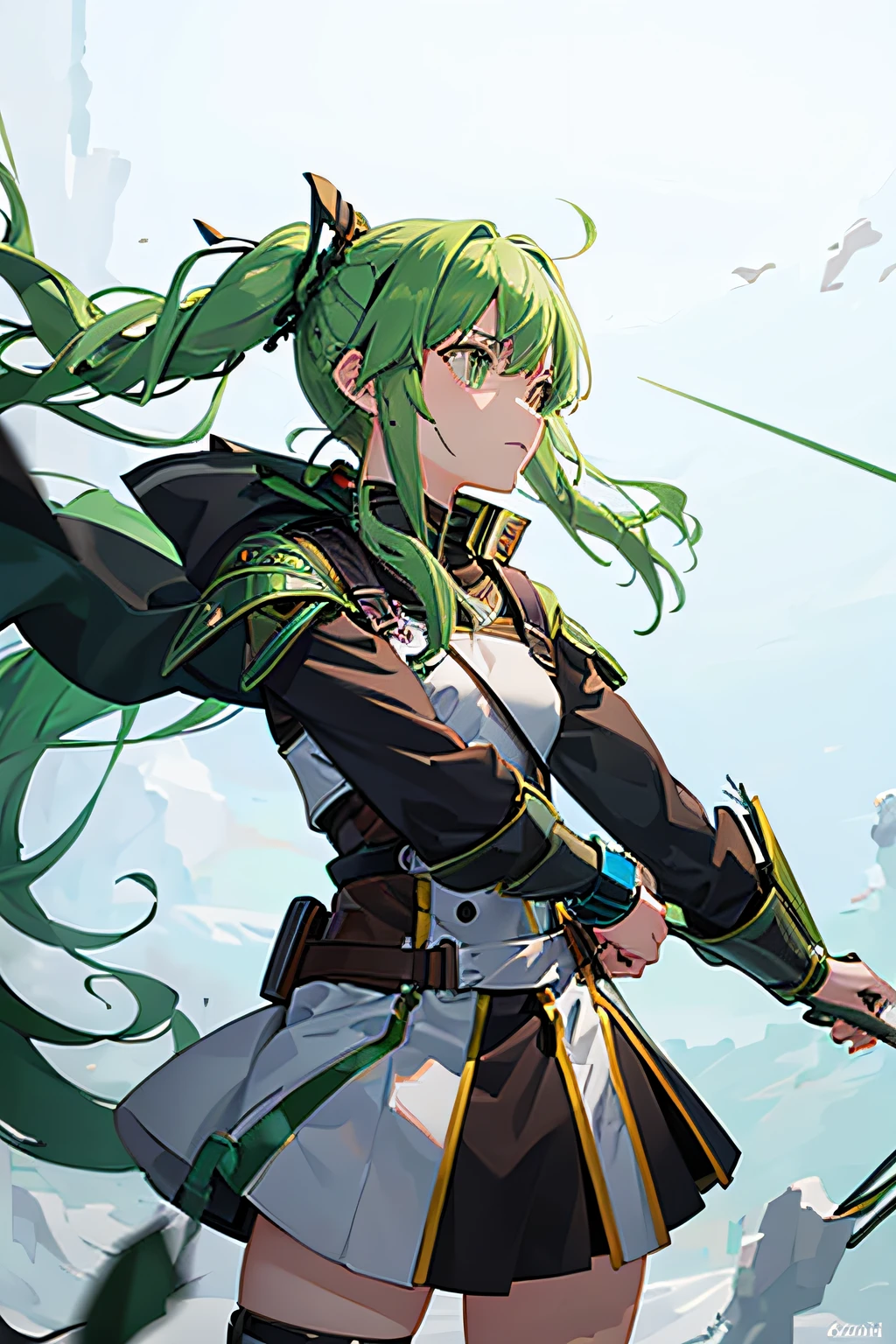 1 girl, green hair, messy hair, small twintail braids on front of hair, green eyes, archer, particle effects, combat armor, hair blowing in wind