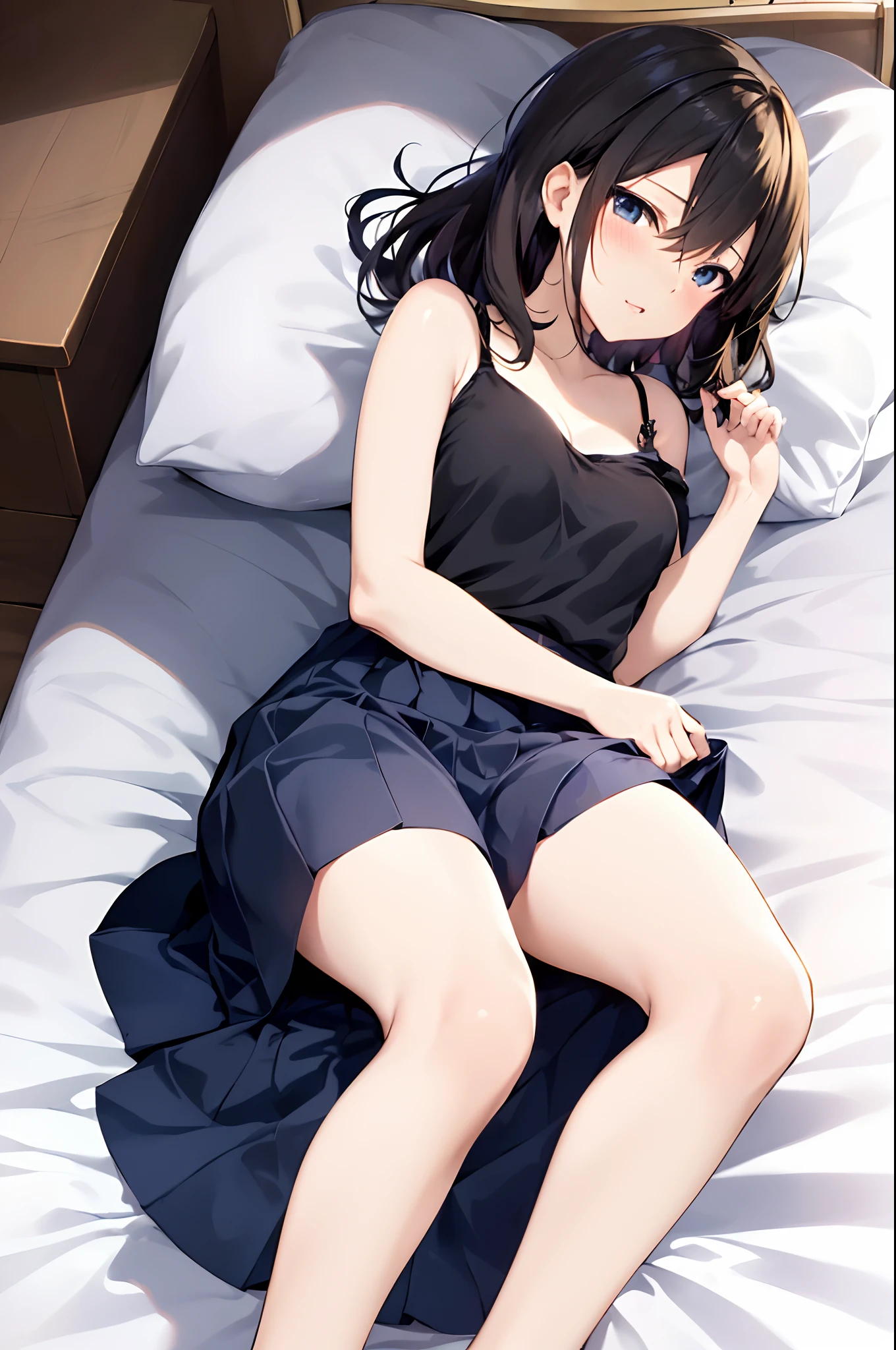 Anime girl in black top and blue skirt lying in bed, sitting on a bed, Seductive Anime Girl, anime moe art style, Anime visuals of cute girls, Sitting on the bed, marin kitagawa fanart, (Anime Girl), sitting on her bed, Smooth Anime CG Art, li in dress, charming anime girls, Kantai Collection Style