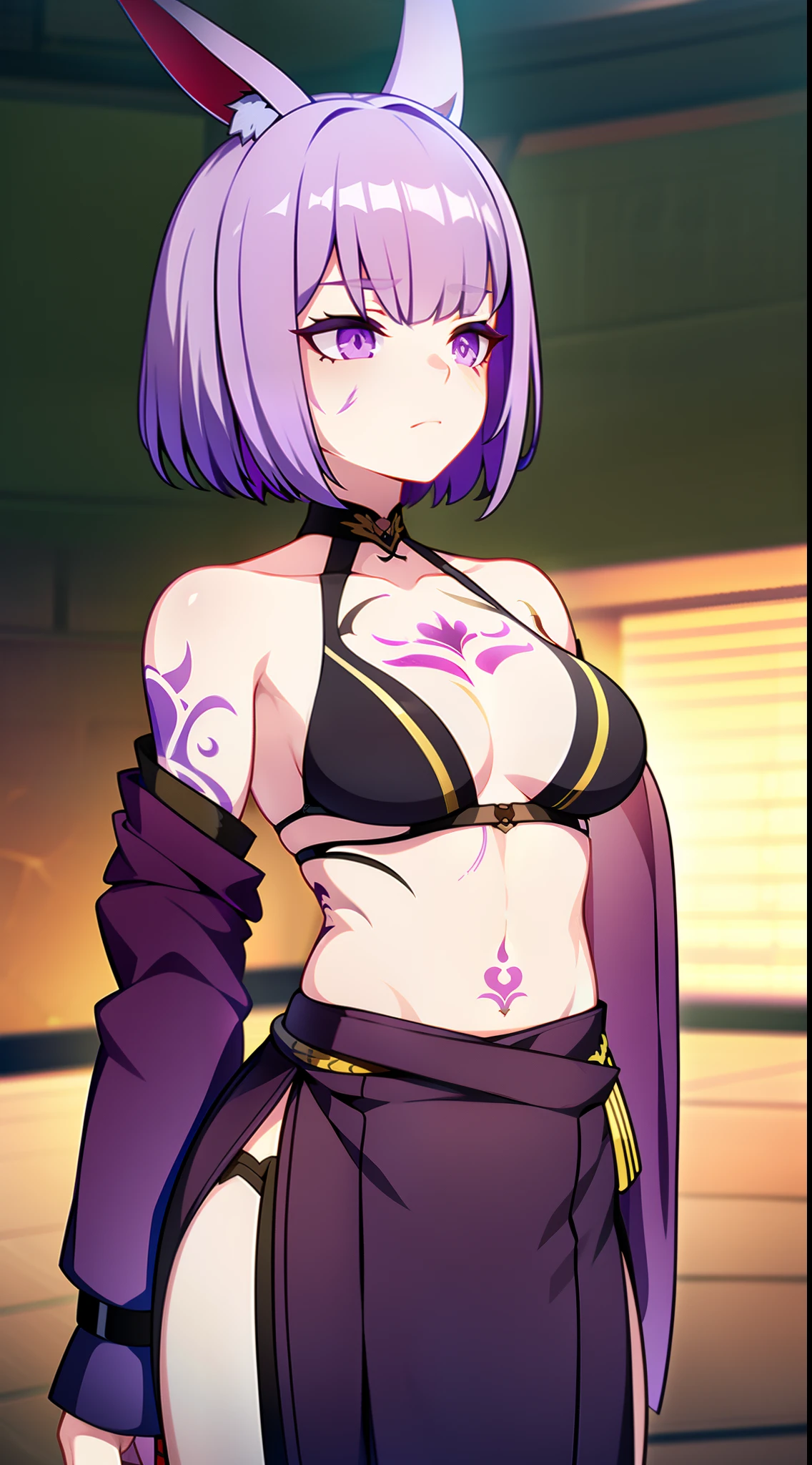 young girl, short blonde hair, Fox ears, violet eyes, tattoo, Scars, green kimono, tattoo, open belly, open breasts, open shoulders, neckline on the chest, long skirt, Sad,4k, HD, Good detail