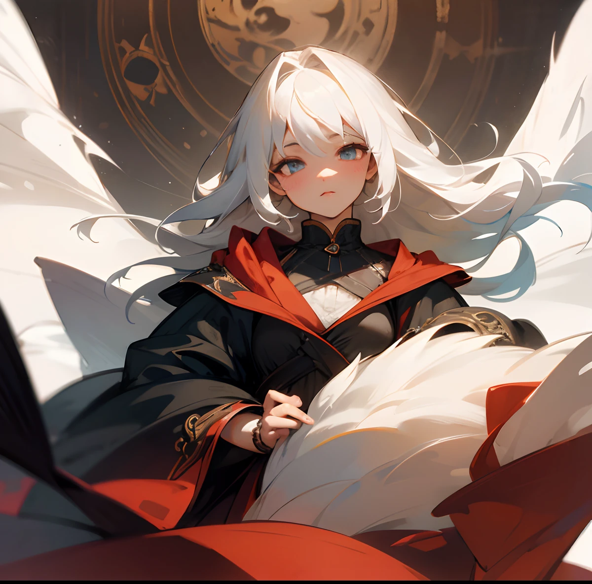 white hair,beautiful detailed eyes,beautiful detailed lips,wispy white hair flowing in the wind,portrait style,soft lighting,monochrome tones,ultra-detailed rendering,highres,HDR,anime style,subtle blush,colorful background, ethereal atmosphere,vivid colors,sharp focus,glowing,serene expression,ageless beauty,tranquil setting,classic elegance,fine art masterpiece,expression of wisdom and grace.