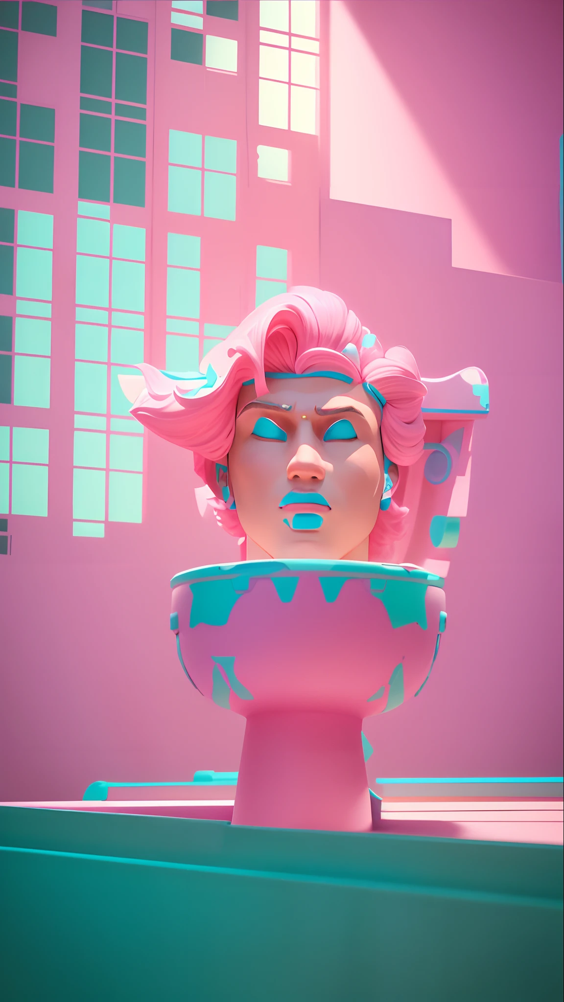 barbie Doll style: Ken. (A giant Man Charracter), (Pink and cyan Background), outdoor, (Head in Toilet), skibidi toilet.