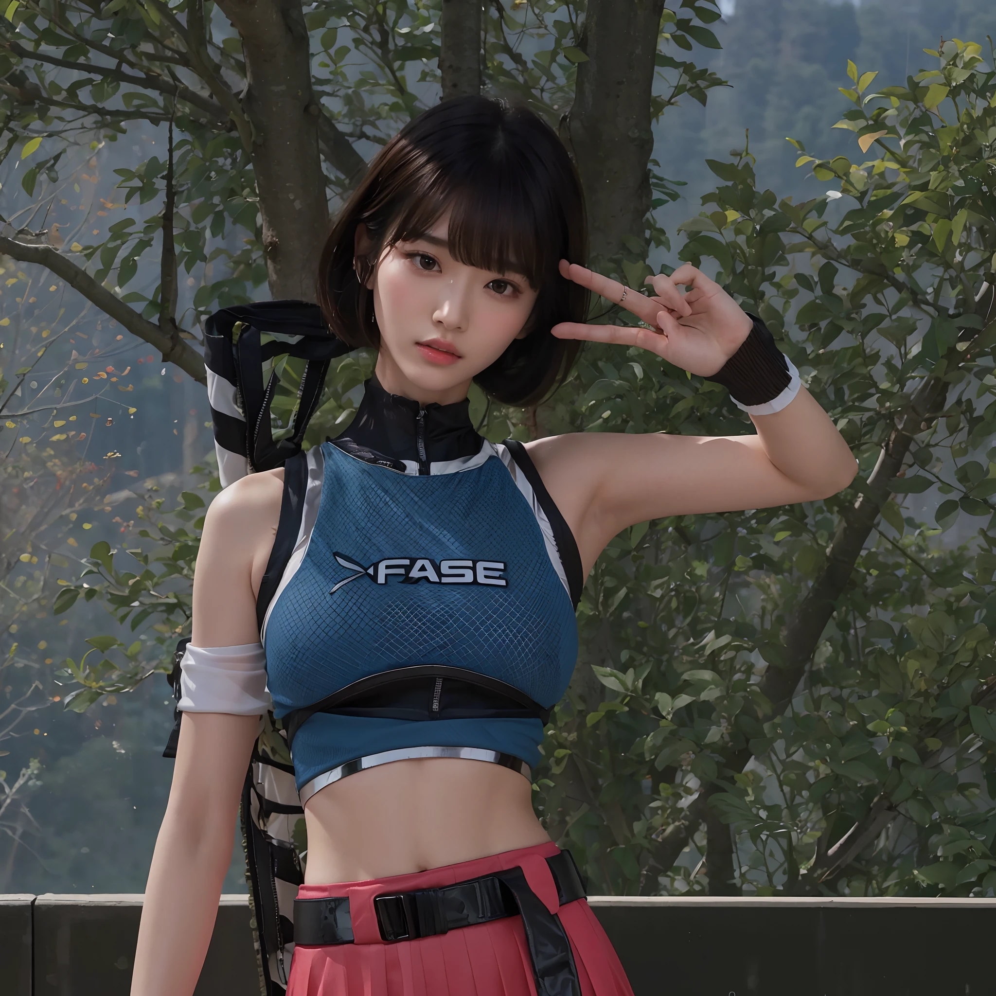 (Best Quality, masutepiece, Ultra HD: 1.3), 1womanl, (middlebreasts), light brown hair, Blunt bangs, hair behind ear, hair over shoulder, (Long hair),( slender body shape), (Ultra Fine Face), Delicate lips,(beautidful eyes), thin blush, eyes are brown, (perfect glossy skin, flawless skin, Glistening sweat:1.3),鎖骨, hairarmpits,View here, hide one's hands, White tops, White tight skirt, (thighs thighs thighs thighs), (shame:1.5),bustshot,Broad-leaved forest