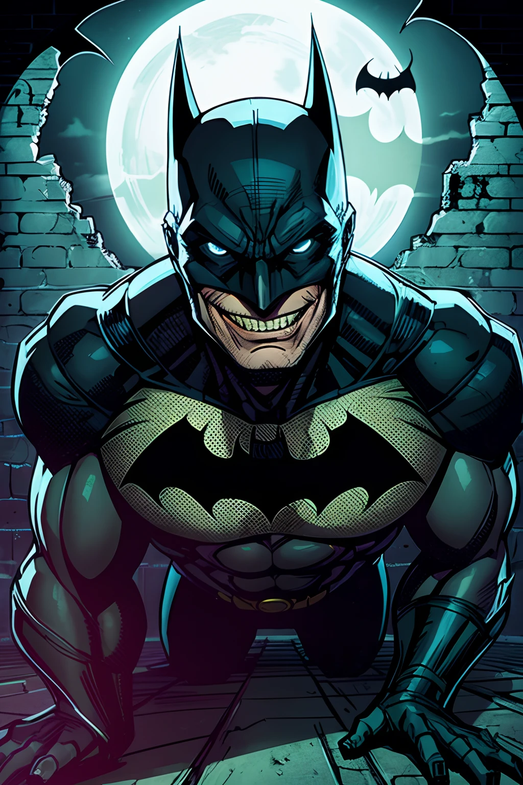 terrifying scene of batman crawling on wall, creepy smile, gotham city, night time
