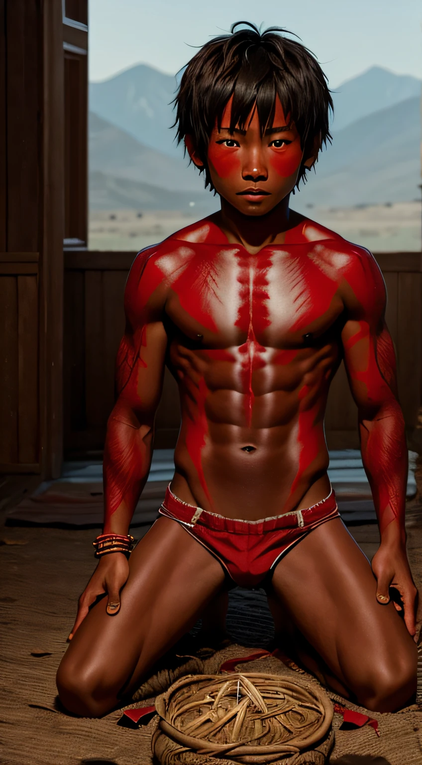10 year old Tibetan werewolf boy,Shirtless,red colored skin,The barefoot,Kneeling,Scarred