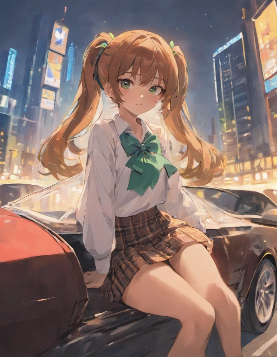 1girl, ponytail, white shirt, long hair, brown hair, green eyes, short plaid skirt, white thigh highs, sunset, blue bow tie, Ford Mustang GT500, sitting on car, looking at viewer, realistic car