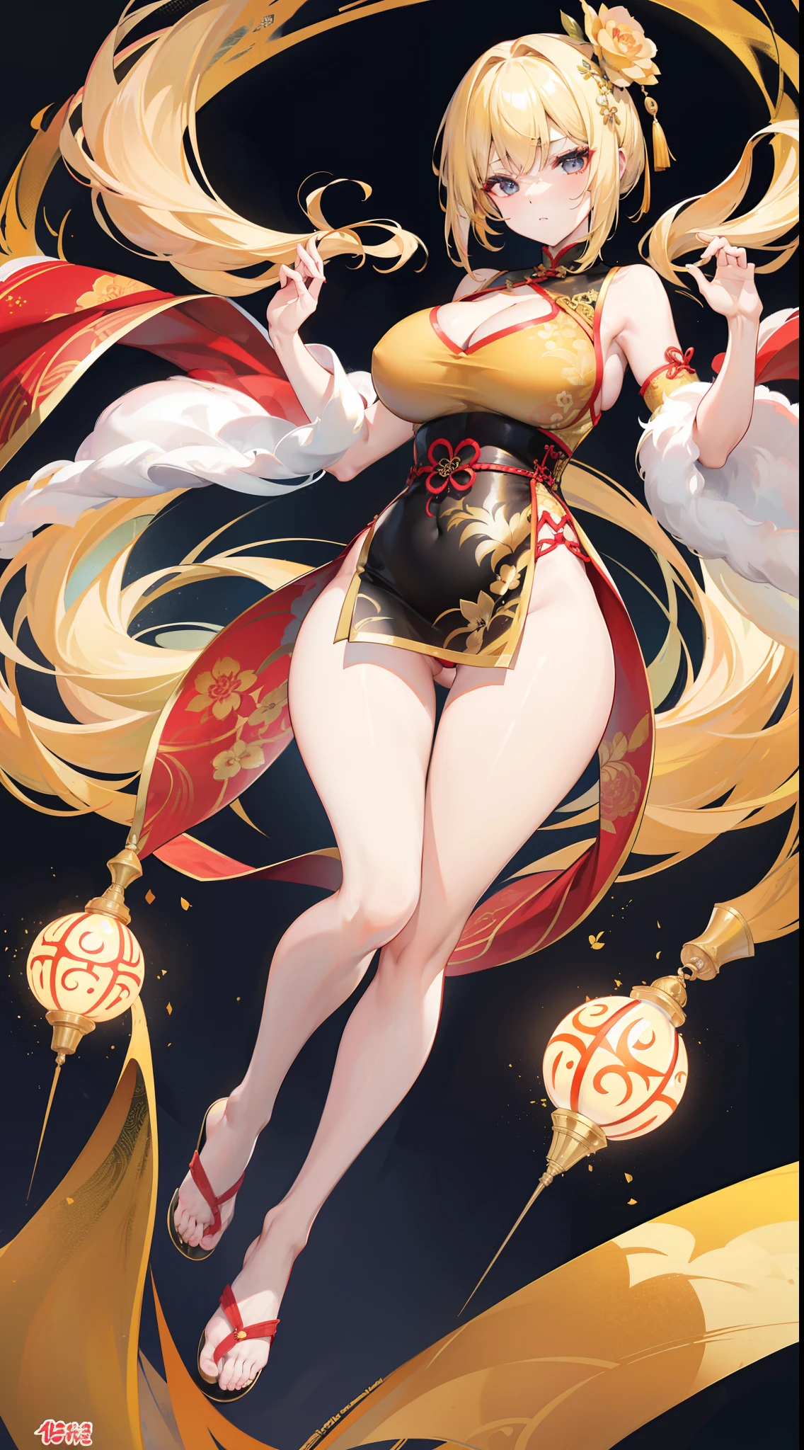 The blonde,on cheongsam,(Golden cheongsam),(Chinese tradition),During the Republic of China,huge tit,High-forked cheongsam,expose arms,Exposing thighs,(cleavage),Full body photo,(Cocked buttocks),(Hypertrophic buttocks)