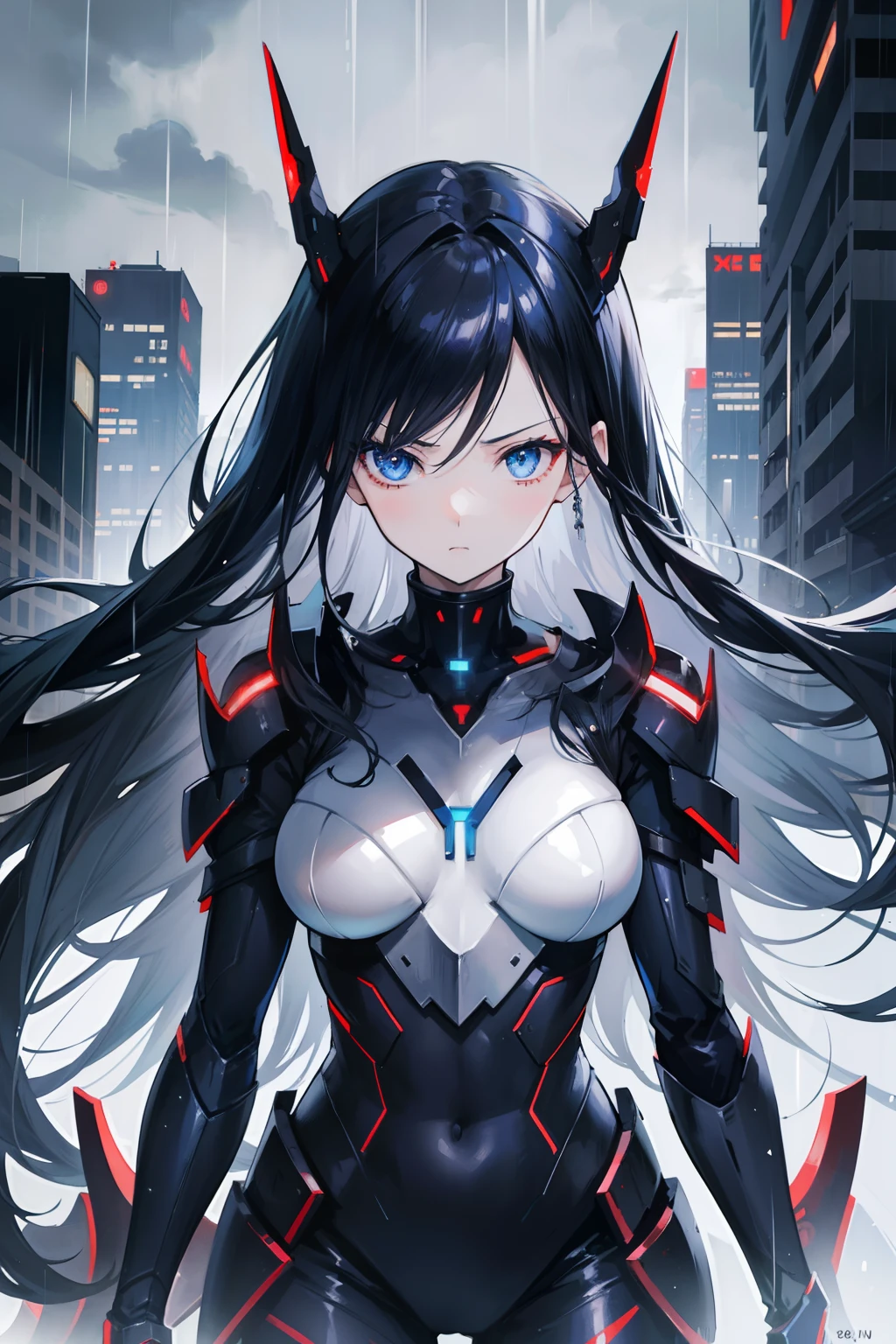 anime girl, good anatomy, detailed face, long black hair, beautiful blue eyes, slightly fierce face, mature, tall, mecha suit, nice background of a dark rainy city with dark clouds, 8k, high resolution