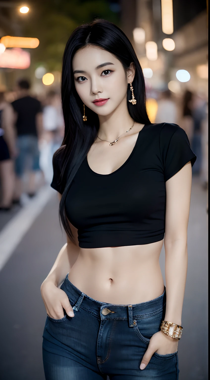 (masterpiece), a stunning photograph of korean girl model, full body, 8k, raw photo, looking at viewer, (highly detailed skin:1.2), small breasts, slim body, black hair, (photorealistic:1.4), t-shirt, jeans, solo, jewelry, earrings, (looking at viewer), long hair, brown eyes, portrait, realistic, smile, makeup, streets