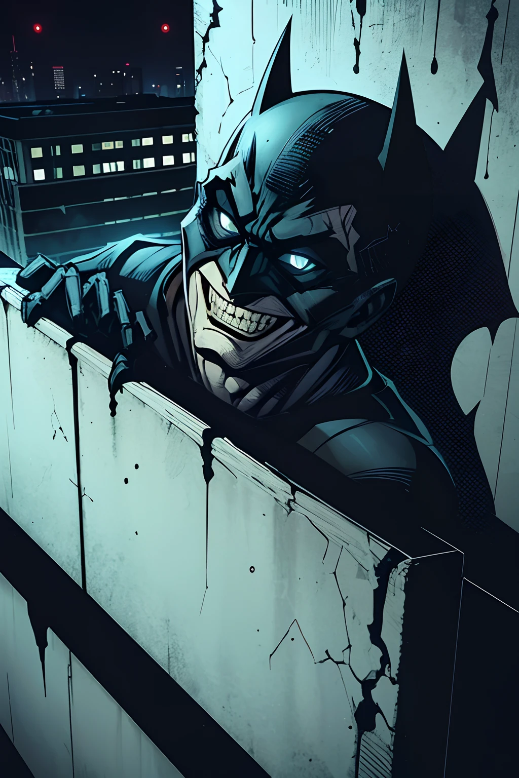 terrifying scene of batman crawling on wall, creepy smile, gotham city, night time