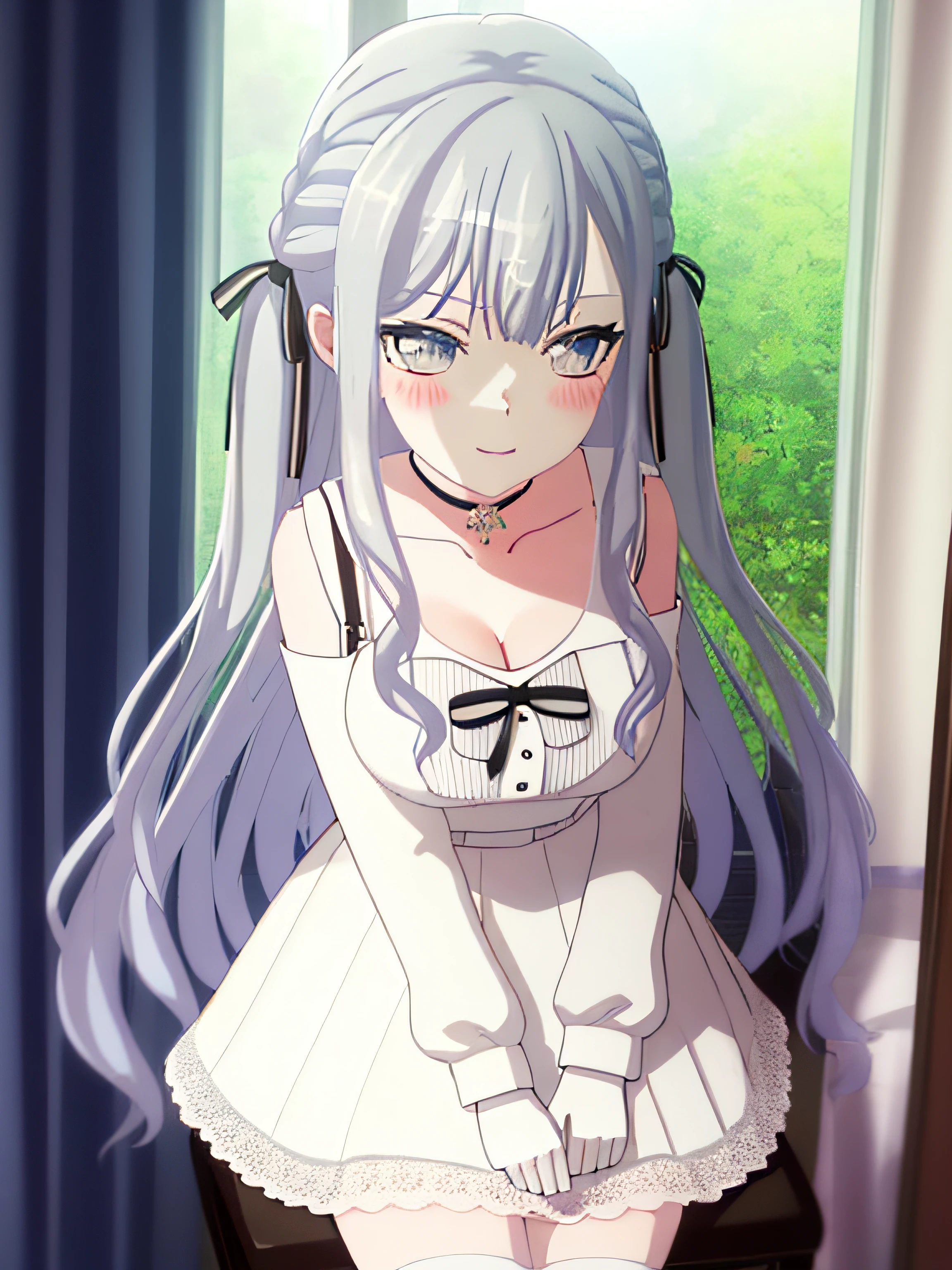 1girll，Breasts, cleavage, dress, mitts, Wedding_dress, Lace-trimmed skirt，short  skirt，Flowers in hand, long whitr hair, Large breasts, elbow_mitts, jewelry, White_dress, White_mitts, light yarn, choker necklace, outside,flower  sea， the bride_light yarn, Bare shoulders,  blue colored eyes, Blush, Hair_decorations, ssmile, Wedding_ring, White_flower, White_Hair, 鎖骨, White_choker necklace, No shoulder strap, No shoulder strap_dress, Curtains, bangs, Hair_ribbon, Hair_flower, One_Side_Up, hand_Up, ribbon, Hair_between_Eyes, frilld, V-shaped_Eyebrows,The whole body，White lace stockings，