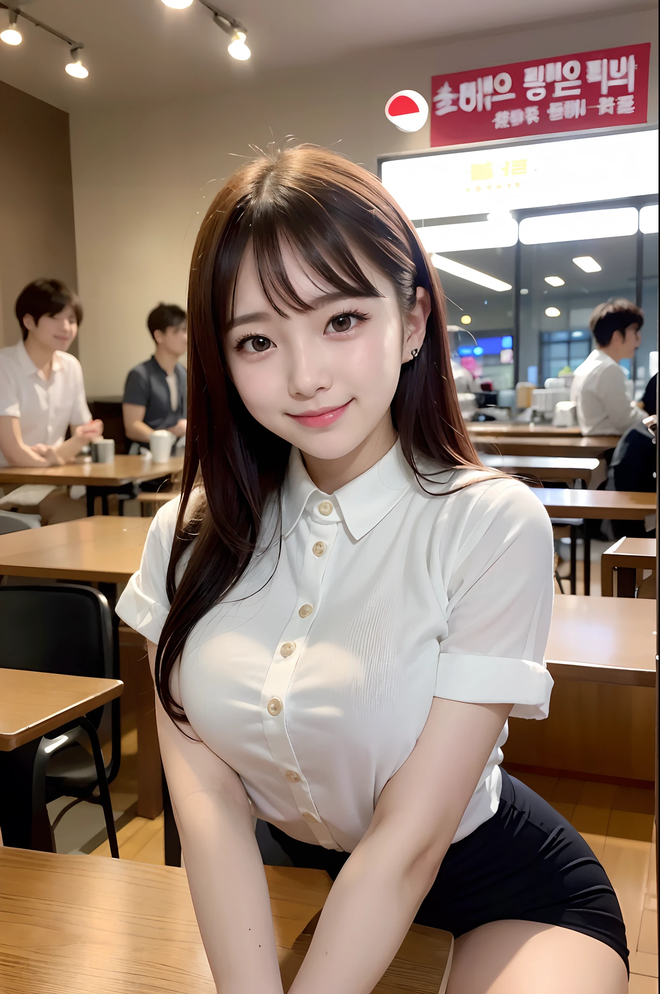 女の子 1 人、cute little、24 years old、A smile、looking at viewert、a picture、realisticlying、top-quality、adopt、A detailed face、‎Classroom、细致背景、diffuse lighting、depth of fields、Bokeh、((乃木坂アイドル、韓国アイドル、hposing Gravure Idol、((女優))、25-years old、tall:1.2、cafes、resturant、Italy、Americans、Australia、Glamour))