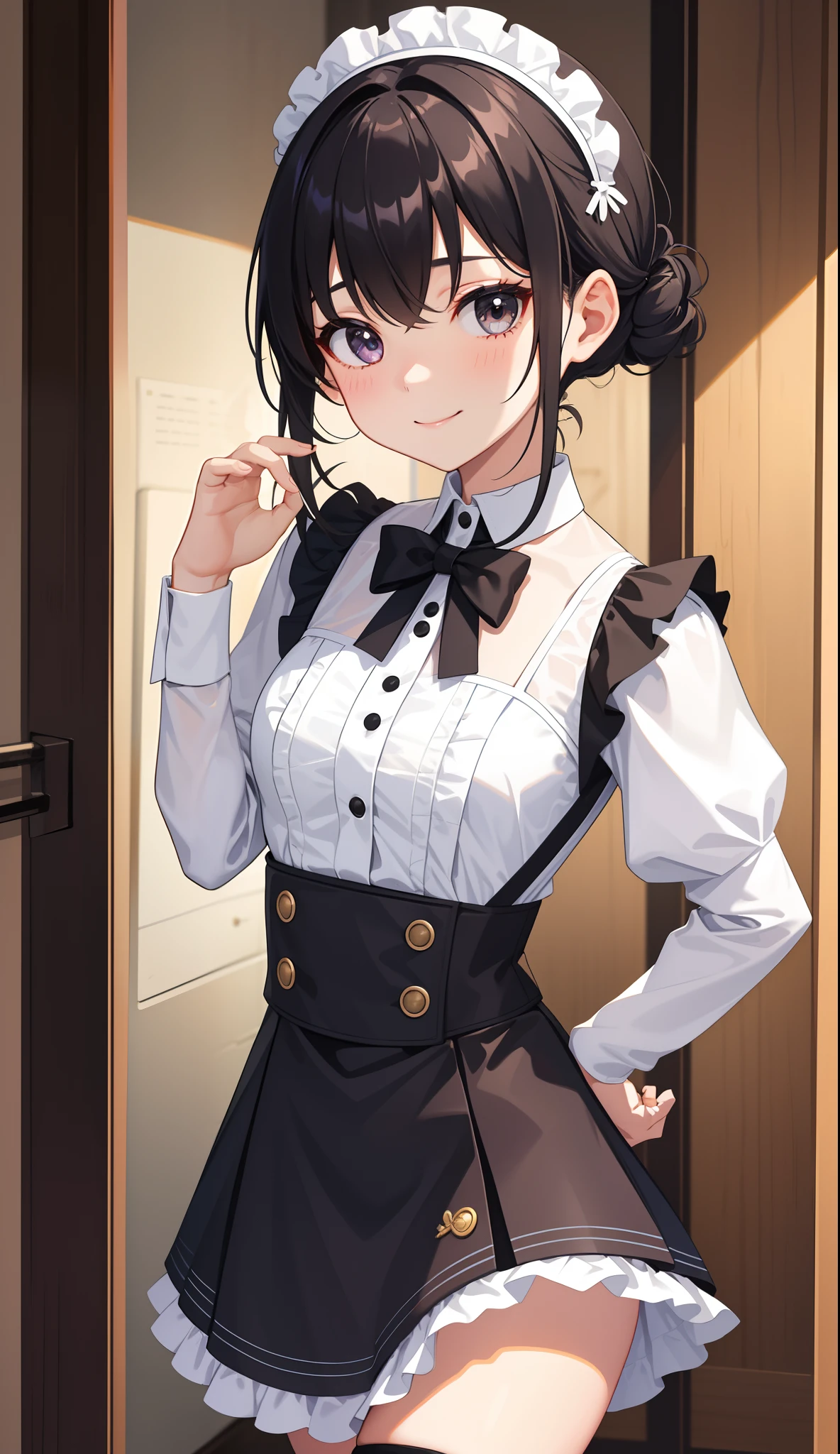 1girl in、AS-Adult、A smile、The shirt、Mini skirt、pantiy、(small tits)、doress、pinafore、Hair decoration、(Maid costume)、Walking with a thigh、Upper body portrait、