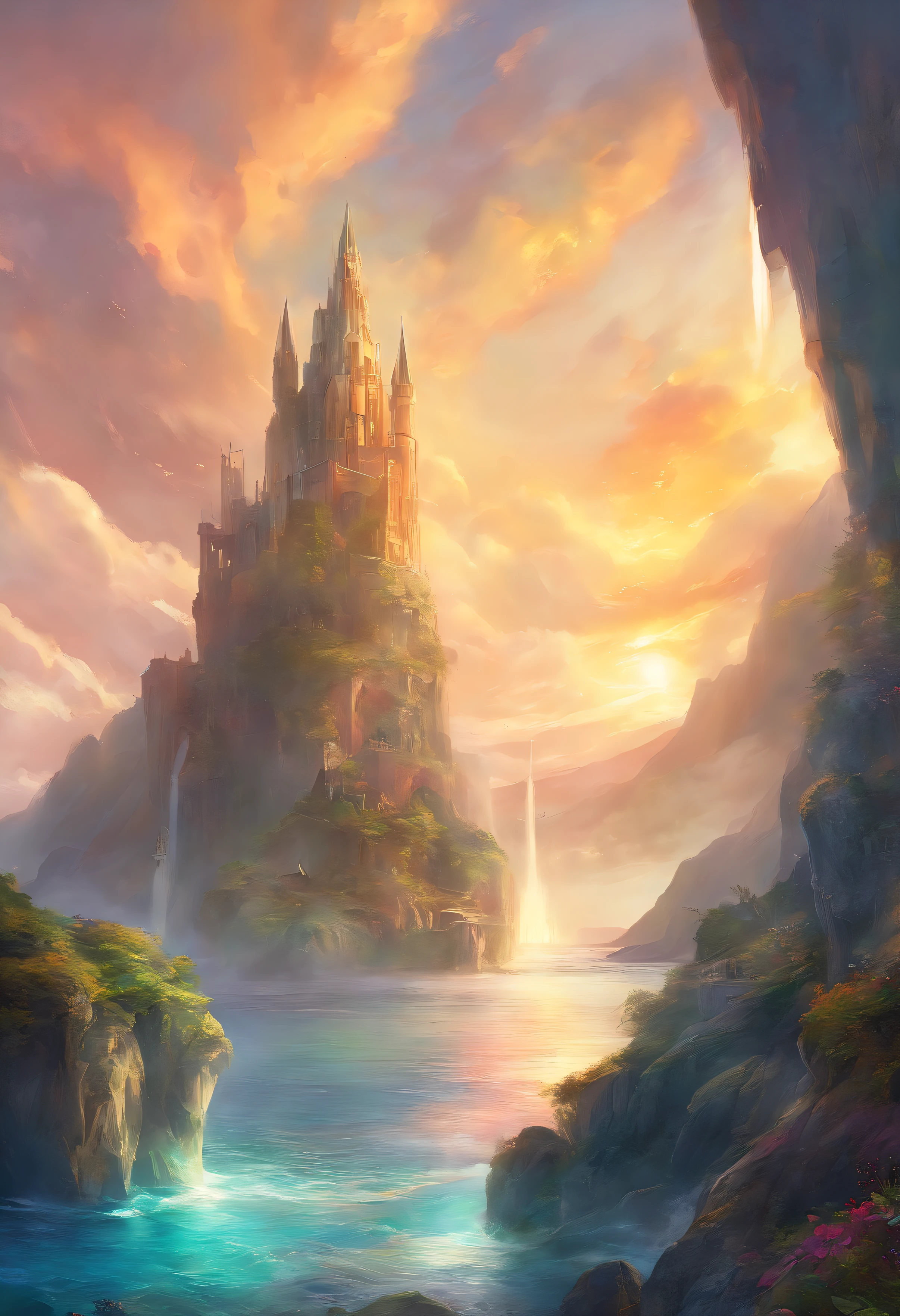 eine Stadt(Atlantis) im Meer ,Mountains and rocks Clouds and sun 1 Girl looks up at the sky