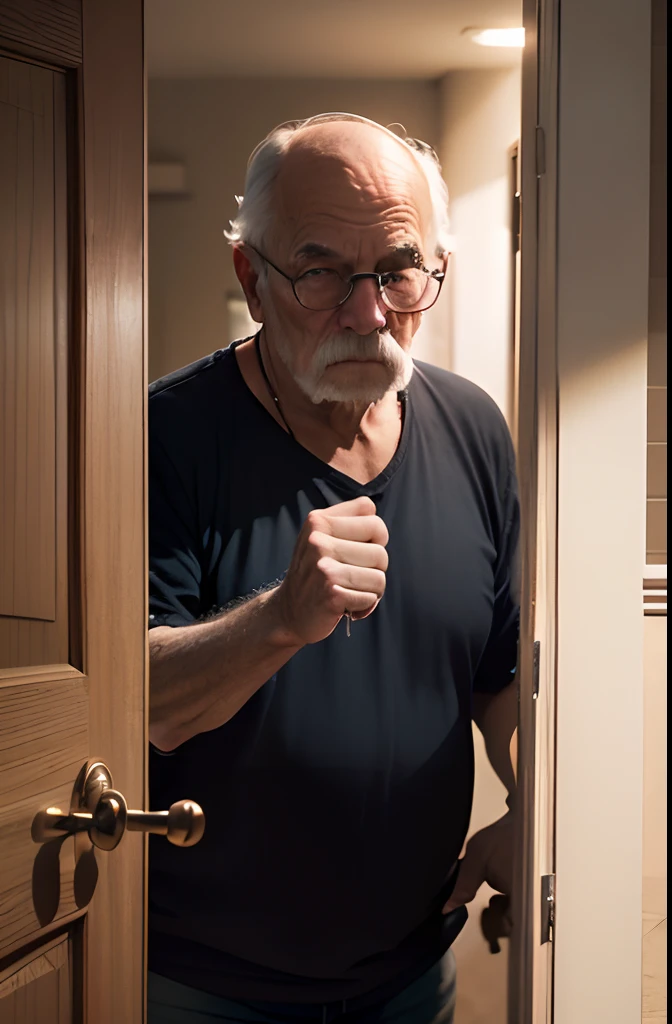Old man's hand knocking on a poor residence door in the middle of the night (obra-prima) (8k high resolution) (melhor qualidade) (Ultra Definition) (Ultra realista)(Foto RAW) (Foto realista) (bright illumination)